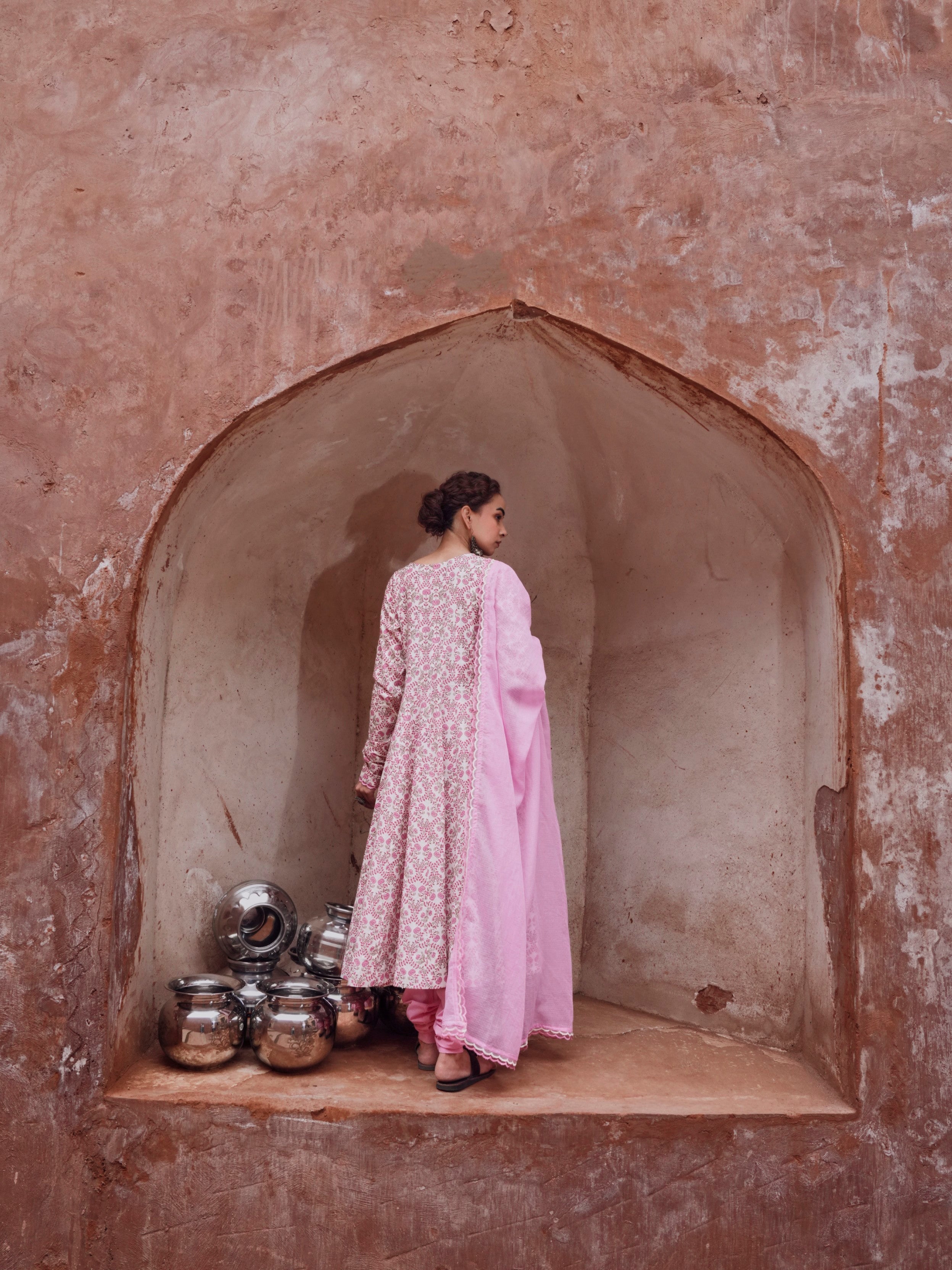 Pink Cotton Floral Anarkali Set