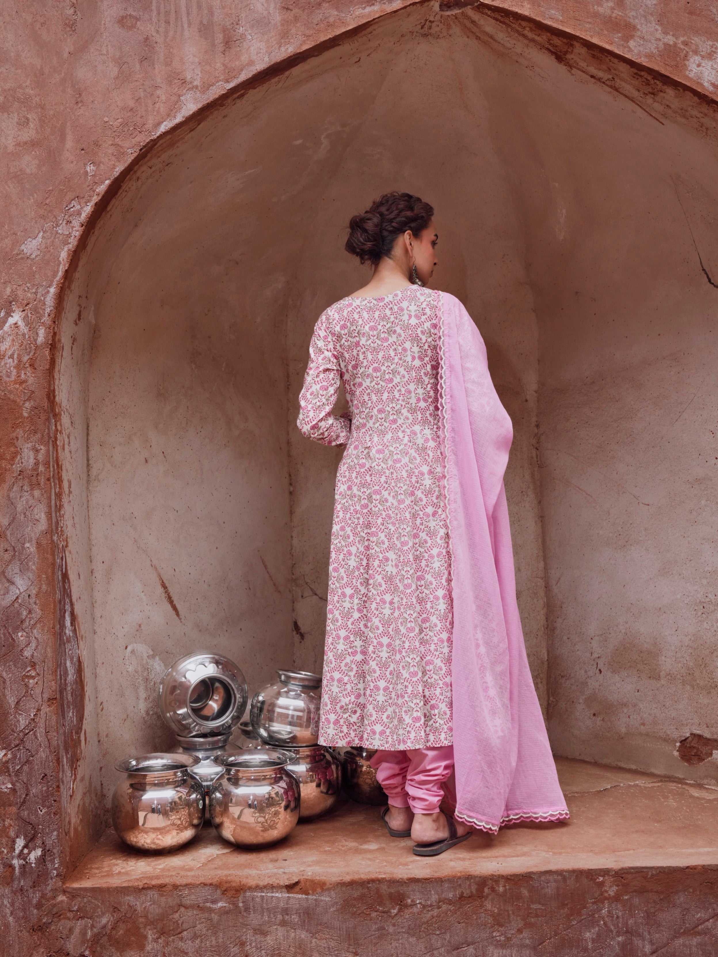 Pink Cotton Floral Anarkali Set