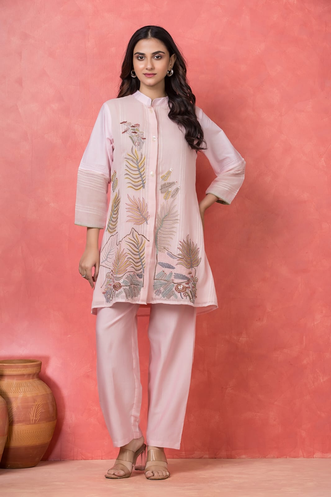 Soft Powder Pink Embroidered Mulmul Cotton Co-ord Set
