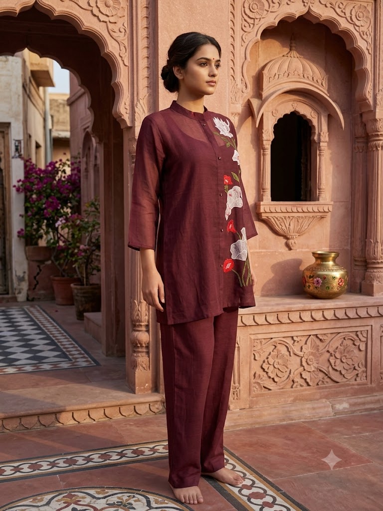 Chocolate Brown Embroidered Mul Chanderi Silk Co-ord Set