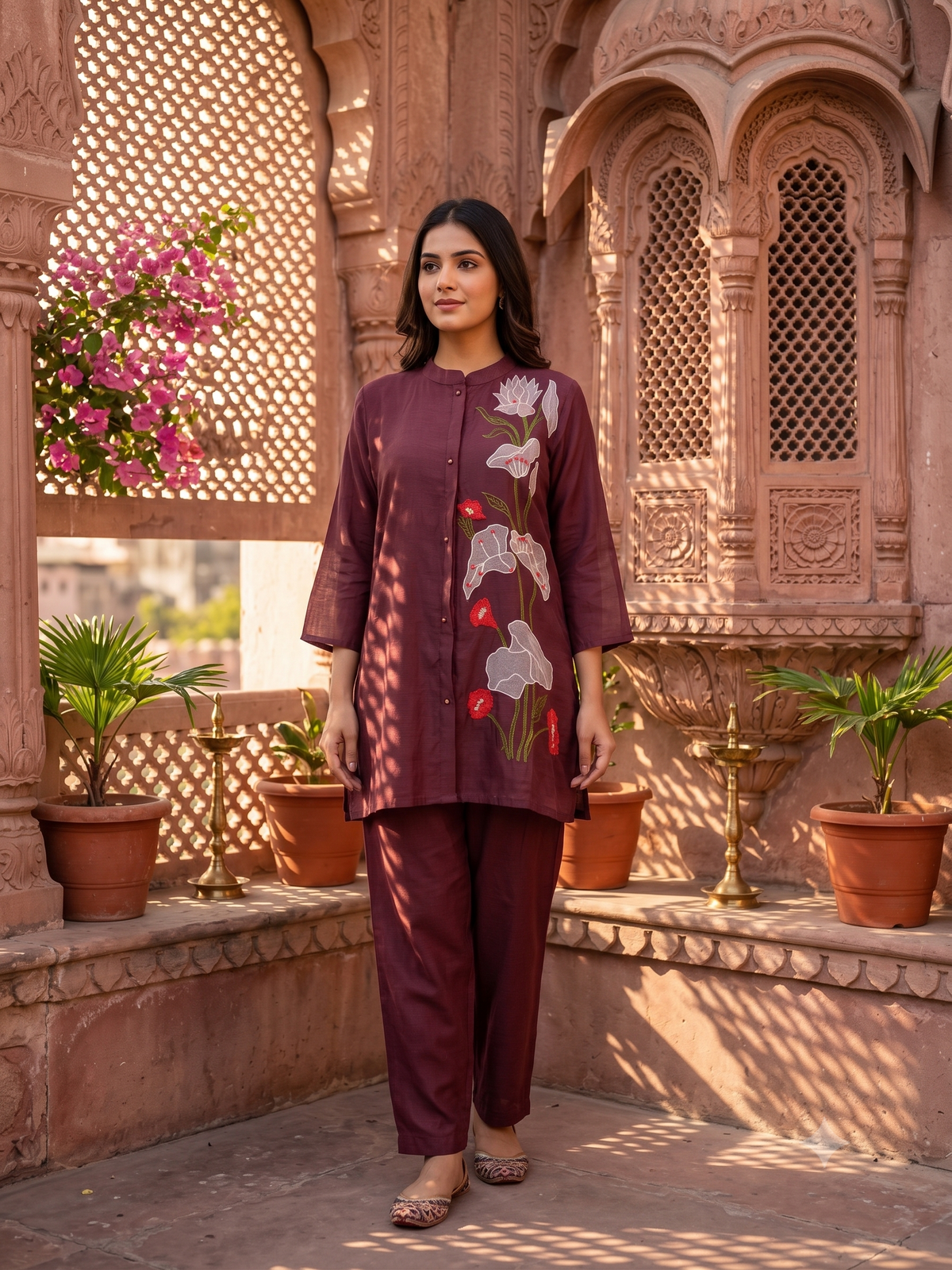 Chocolate Brown Embroidered Mul Chanderi Silk Co-ord Set