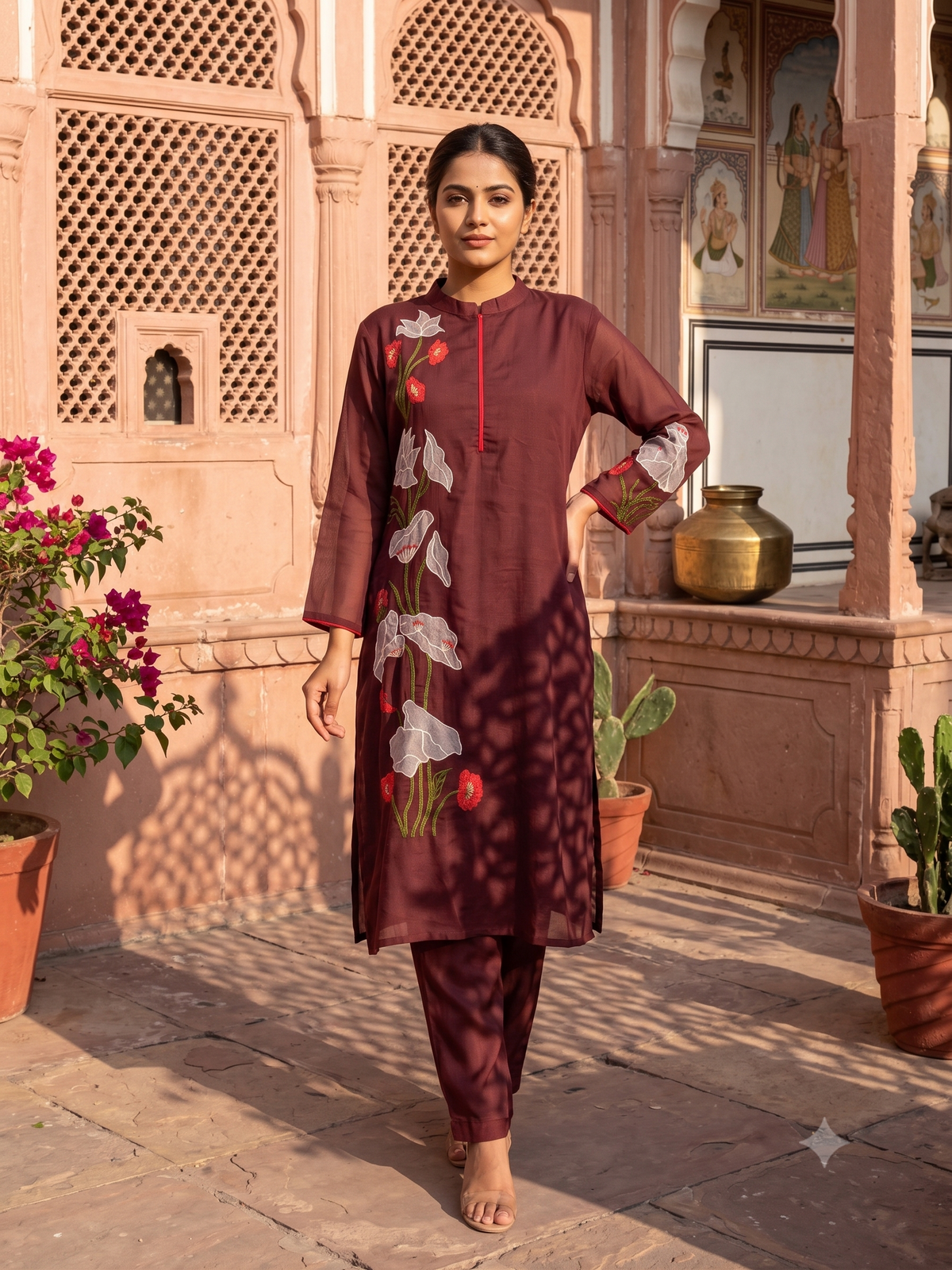 Chocolate Brown Embroidered Mul Chanderi Silk Kurta Set