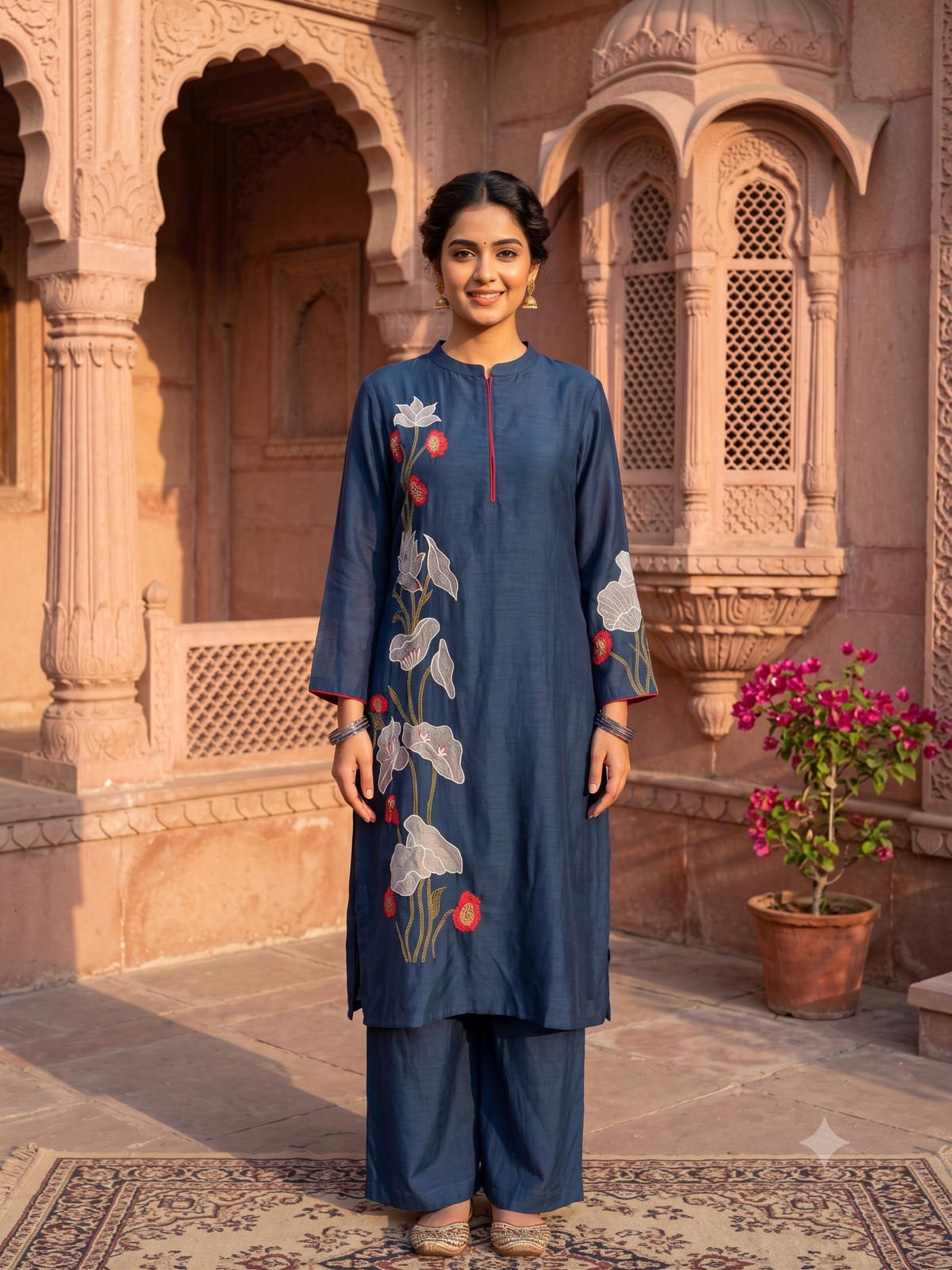 Slate Blue Embroidered Mul Chanderi Silk Kurta Set