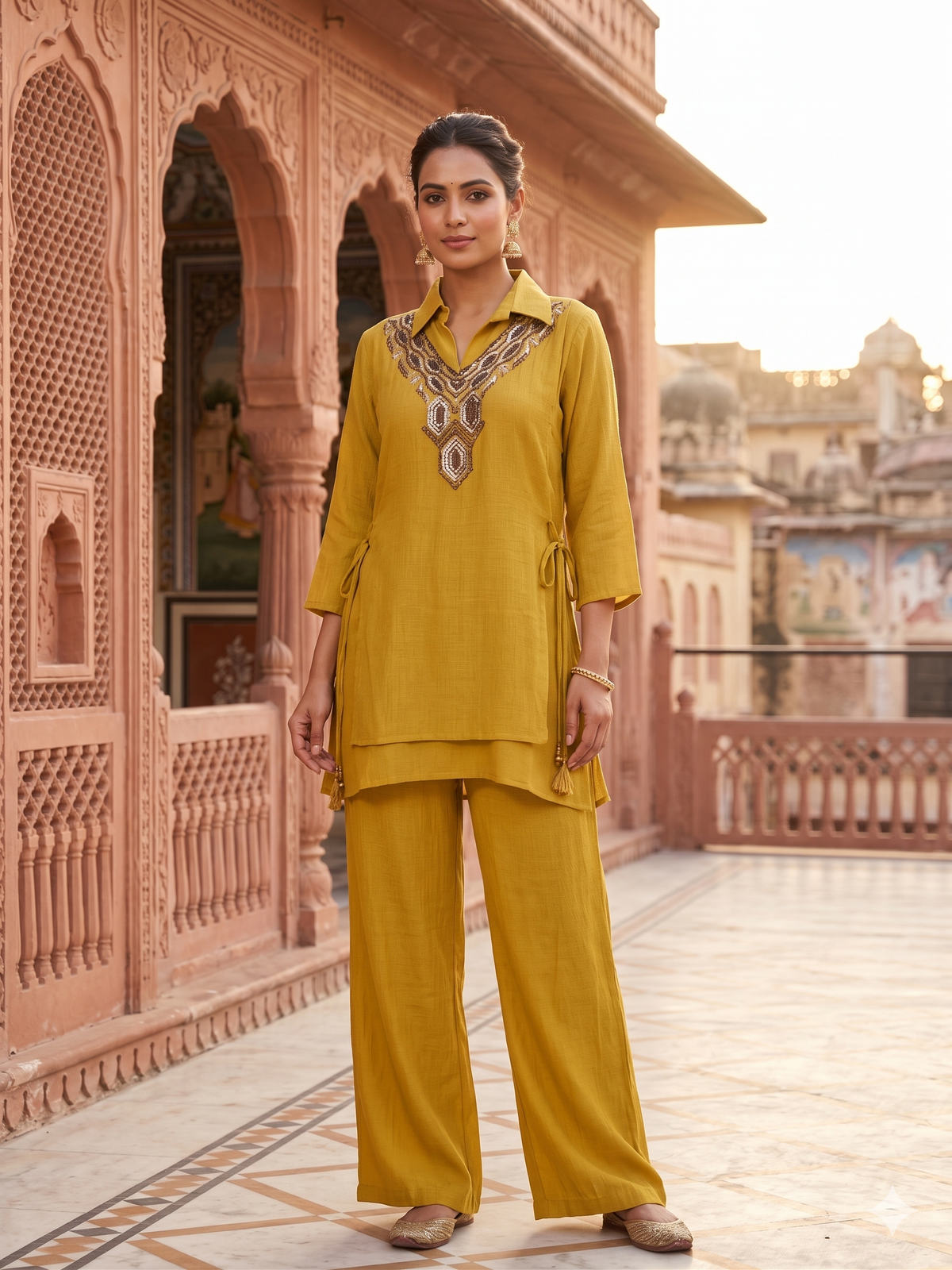 Mustard Yellow Embellished Chiffon Silk Co-ord Set