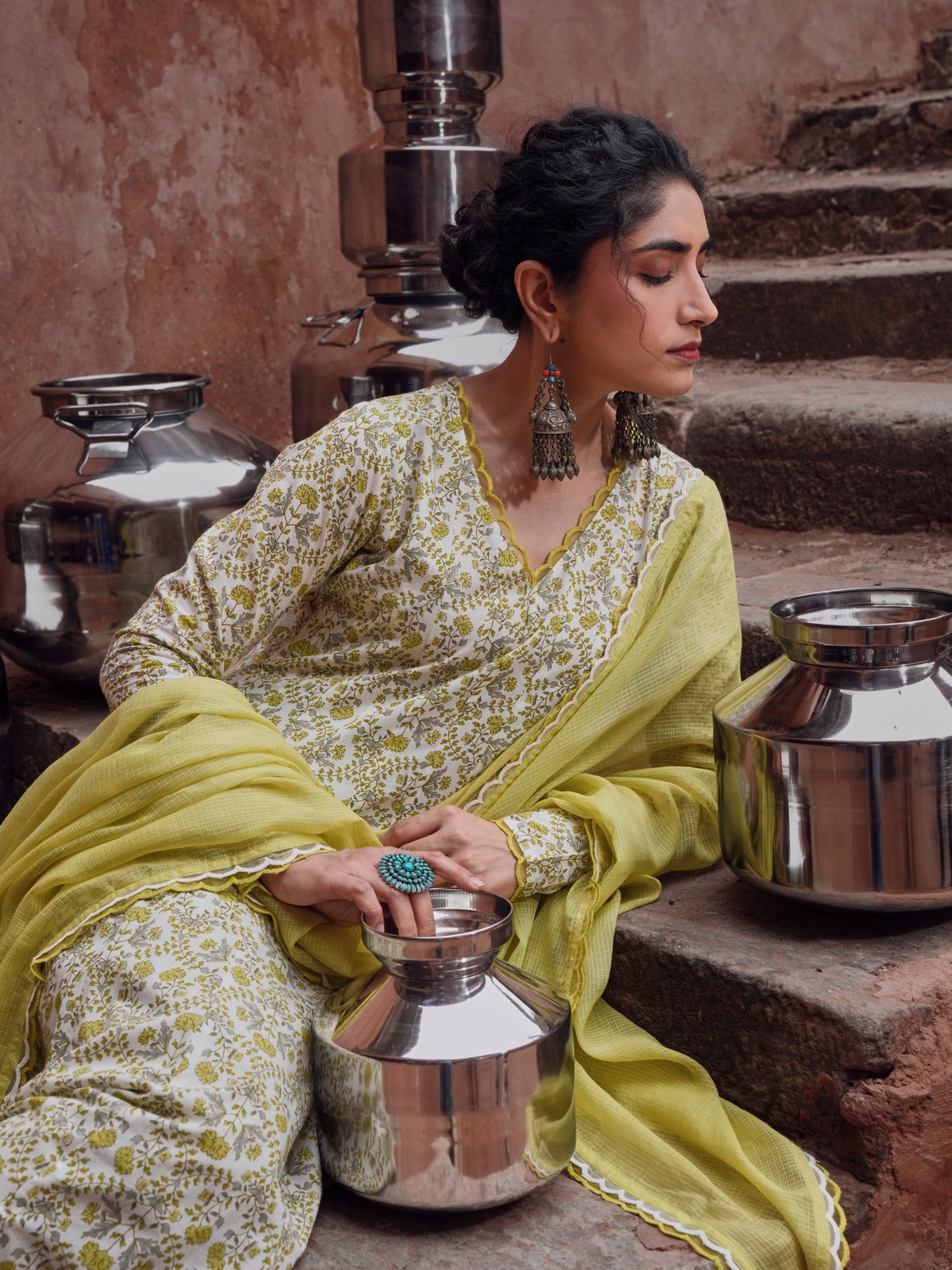 Lime Green Cotton Floral Anarkali Set