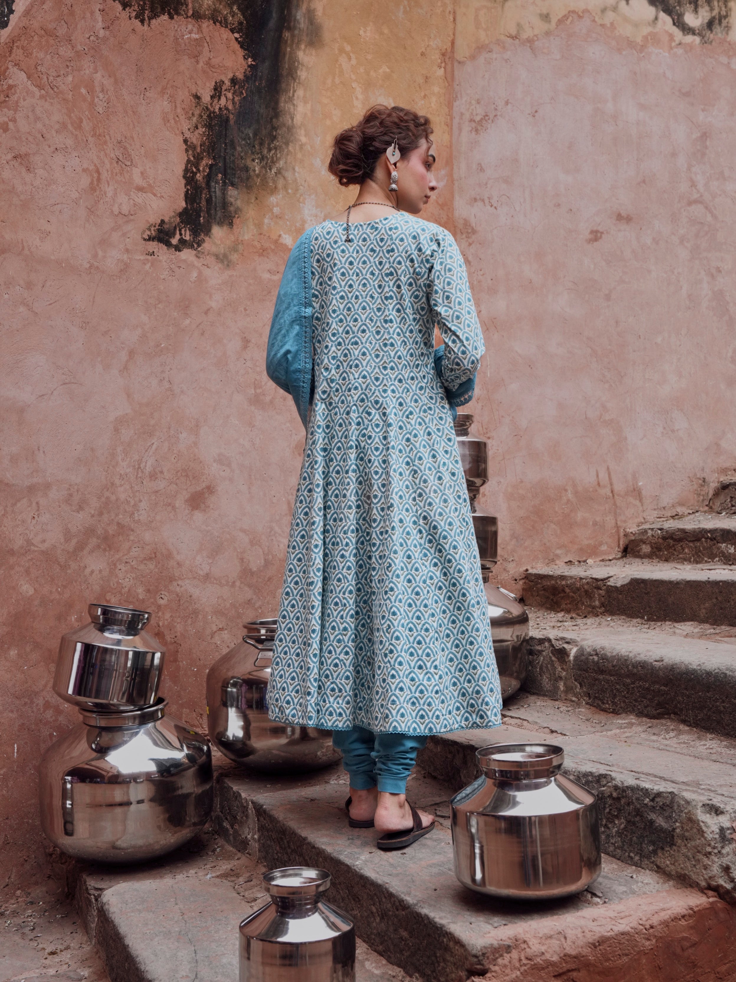Light Blue Printed Cotton Anarkali Set