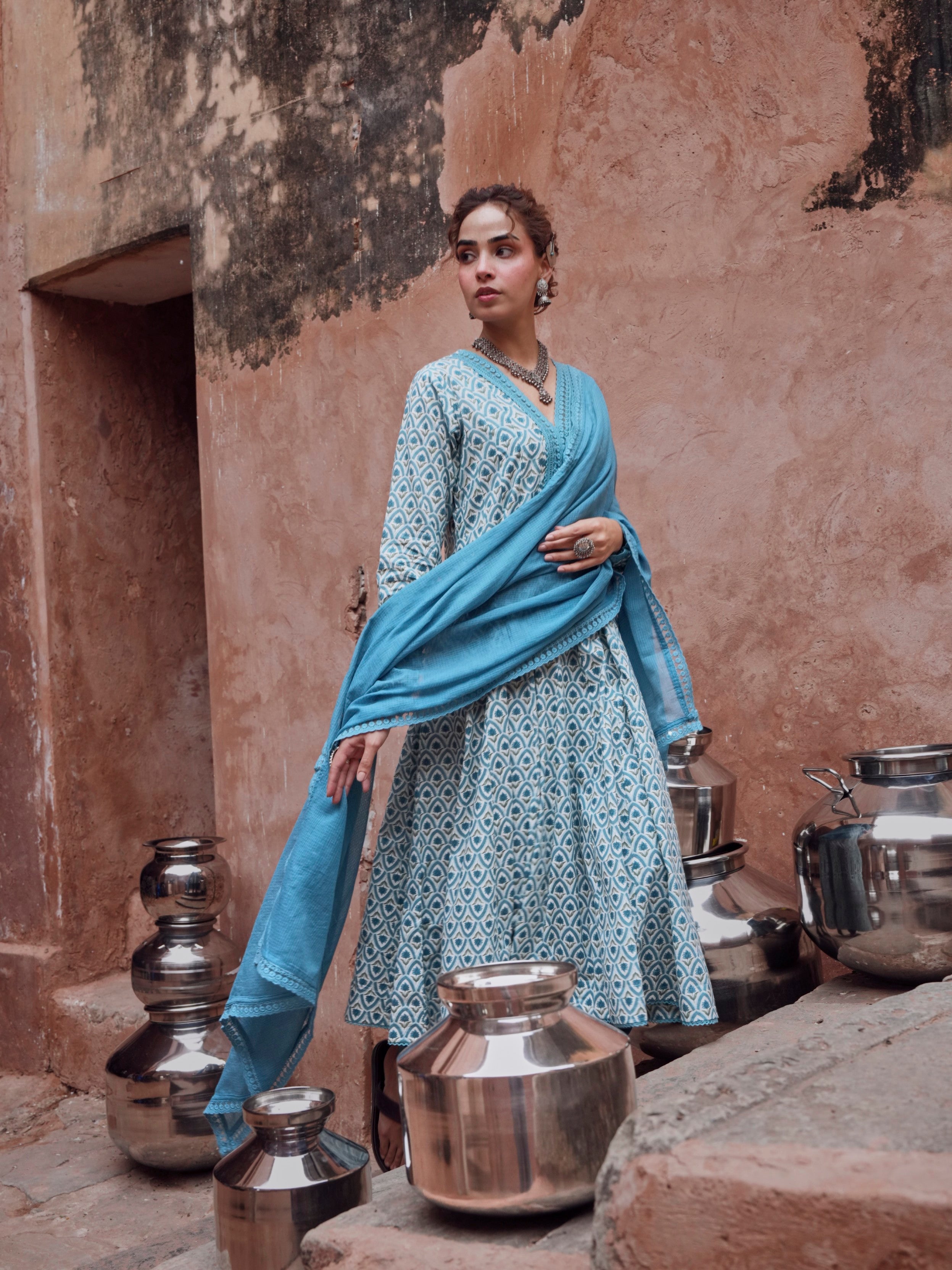Light Blue Printed Cotton Anarkali Set