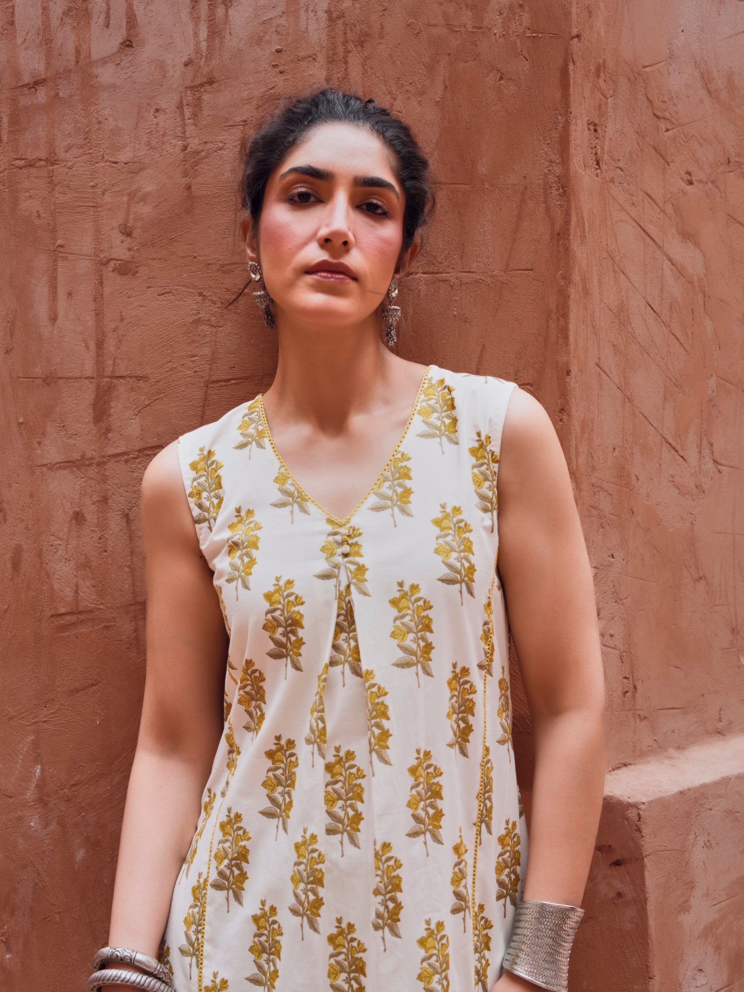 Off-White and Yellow Floral Pant Set