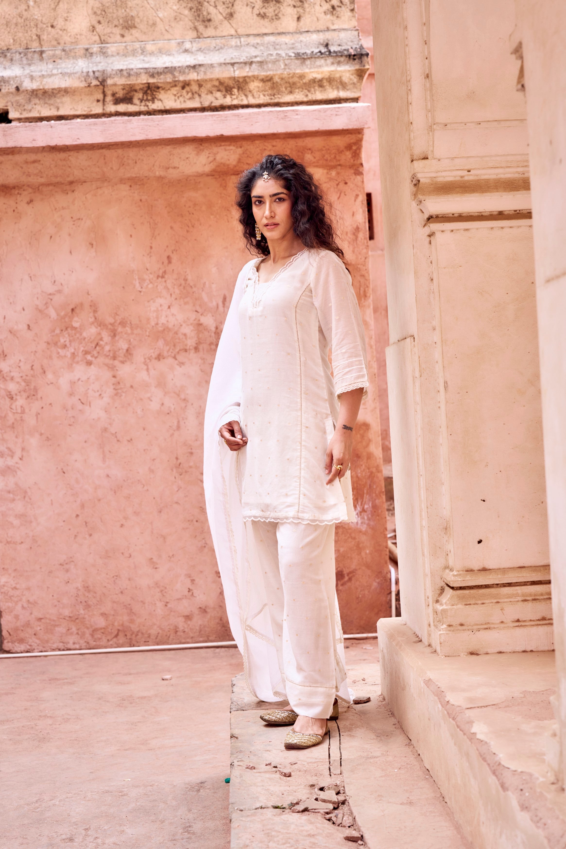 Off-White Mul-Cotton Palazzo Set