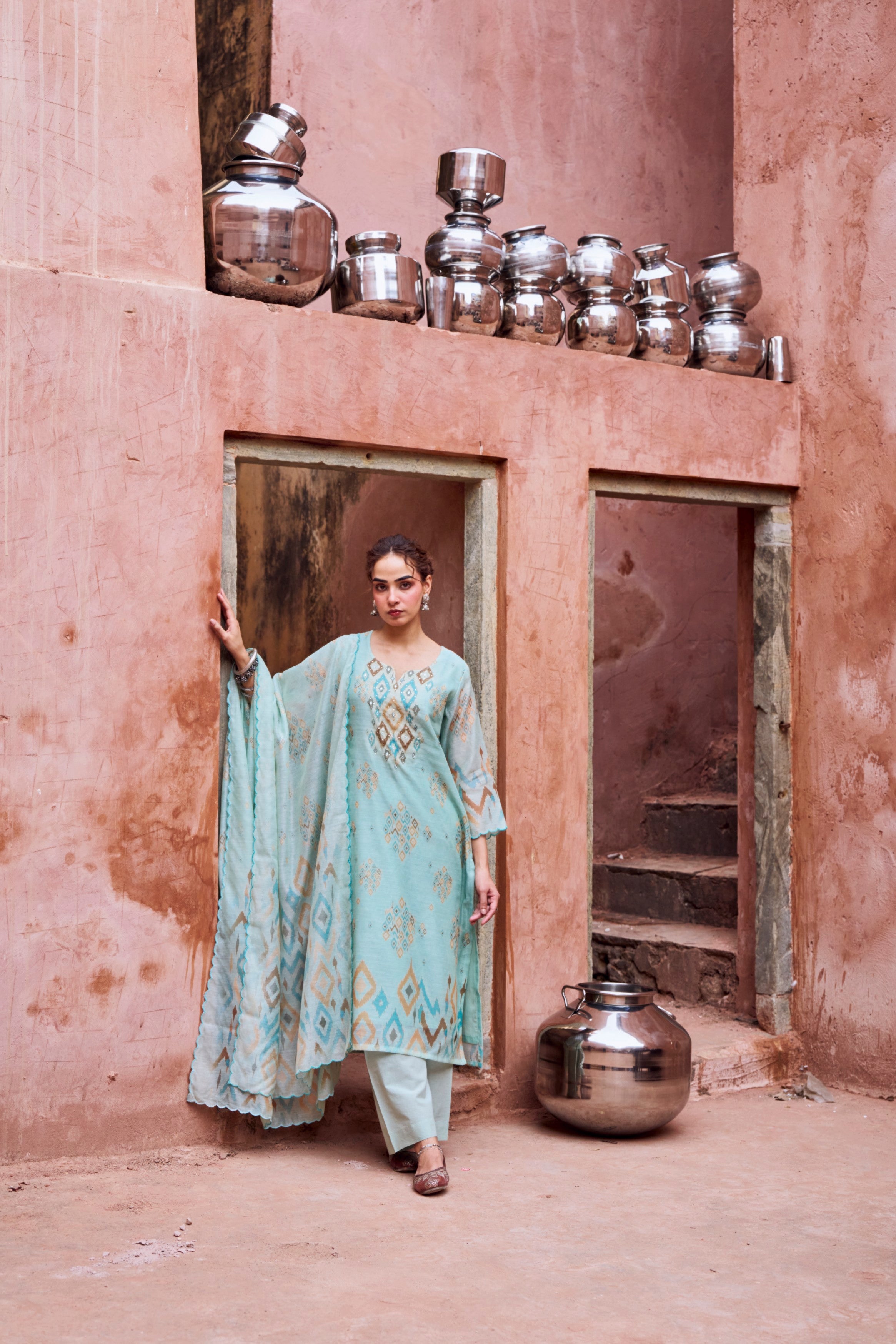 Mint Blue Chanderi Silk Pant Set