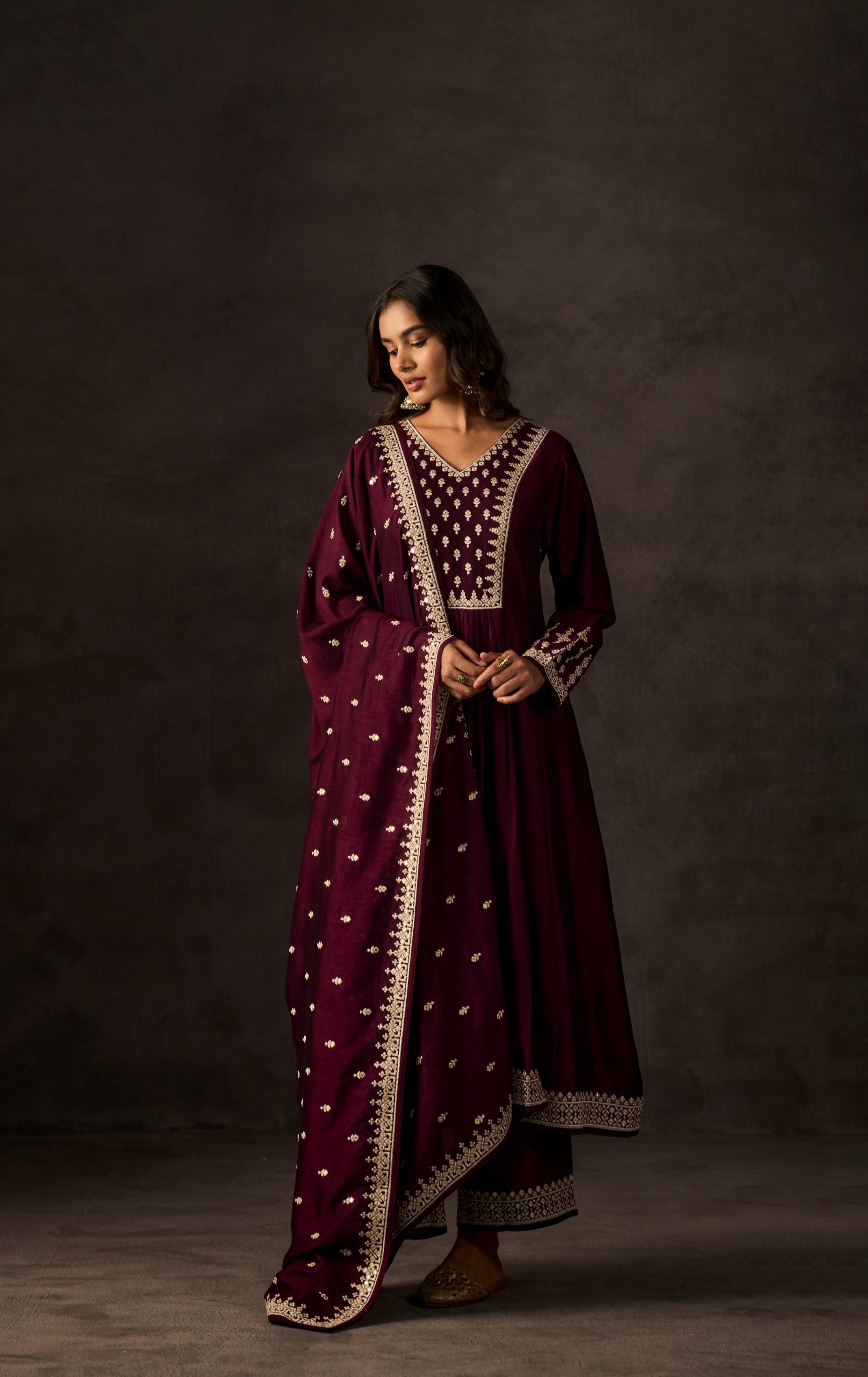 Mulberry Purple Embellished Raw Silk Anarkali Set