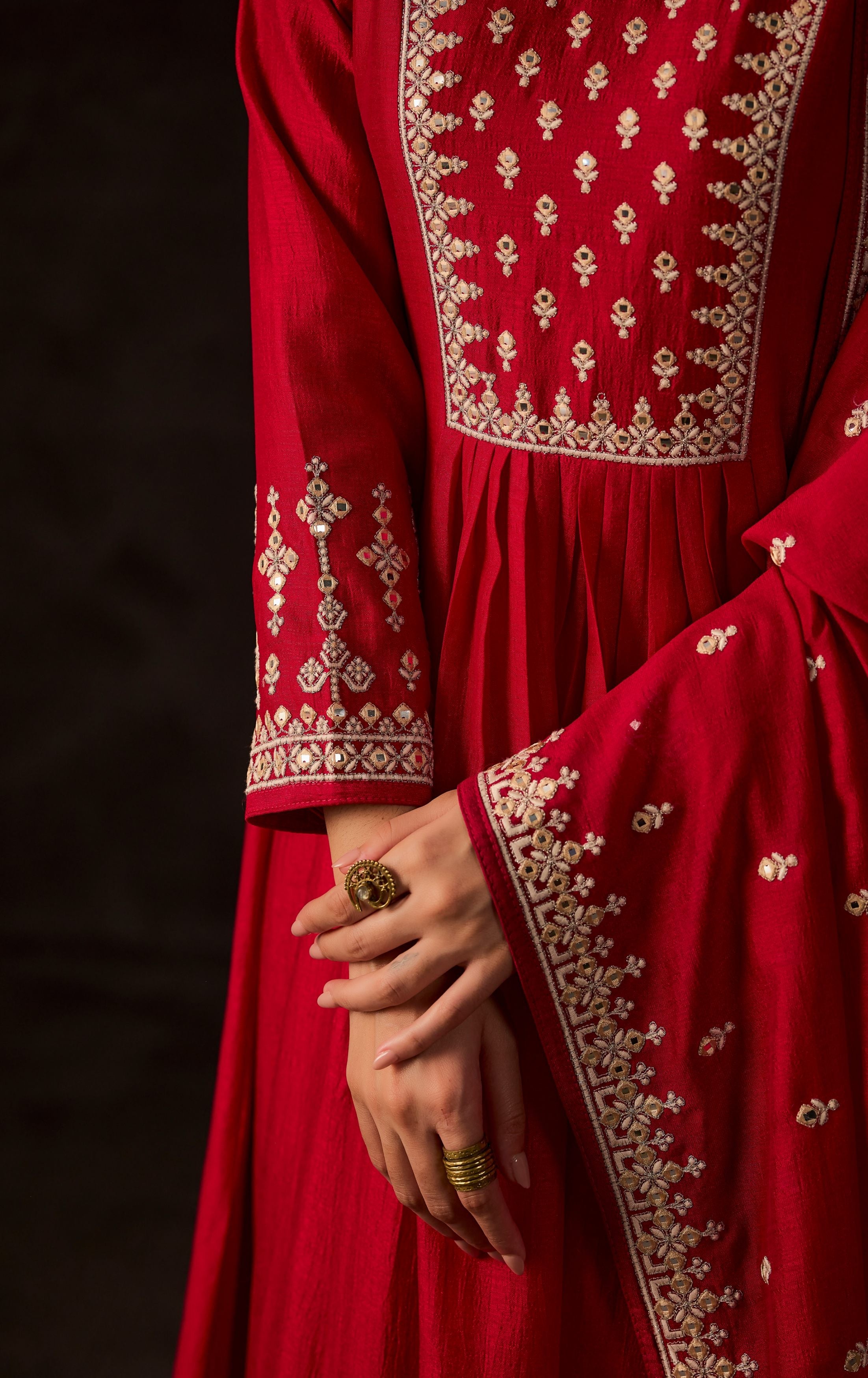 Red Embellished Raw Silk Anarkali Set