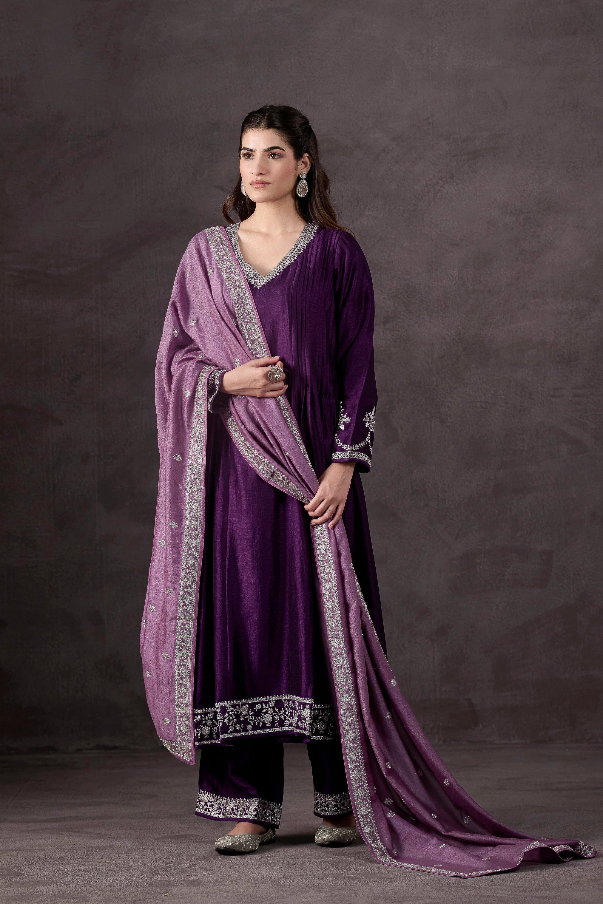 Purple Embellished Raw Silk Pant Set