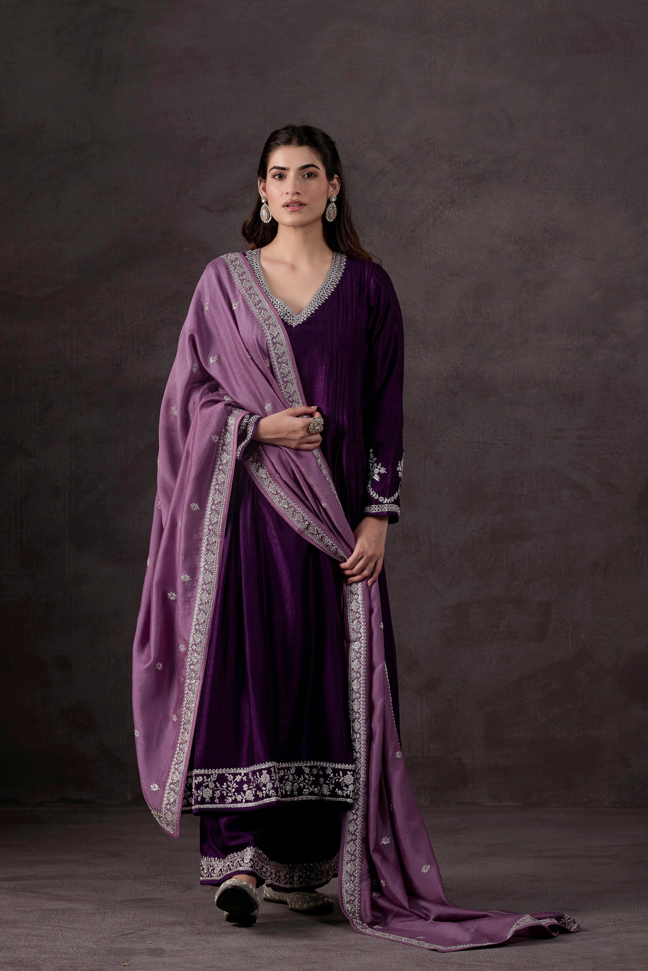 Purple Embellished Raw Silk Pant Set