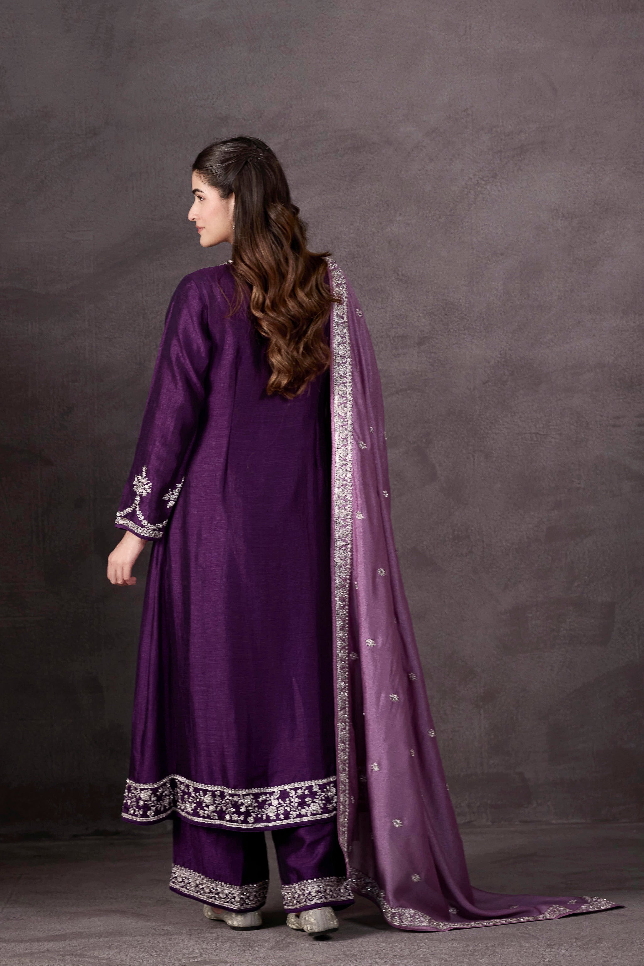 Purple Embellished Raw Silk Pant Set