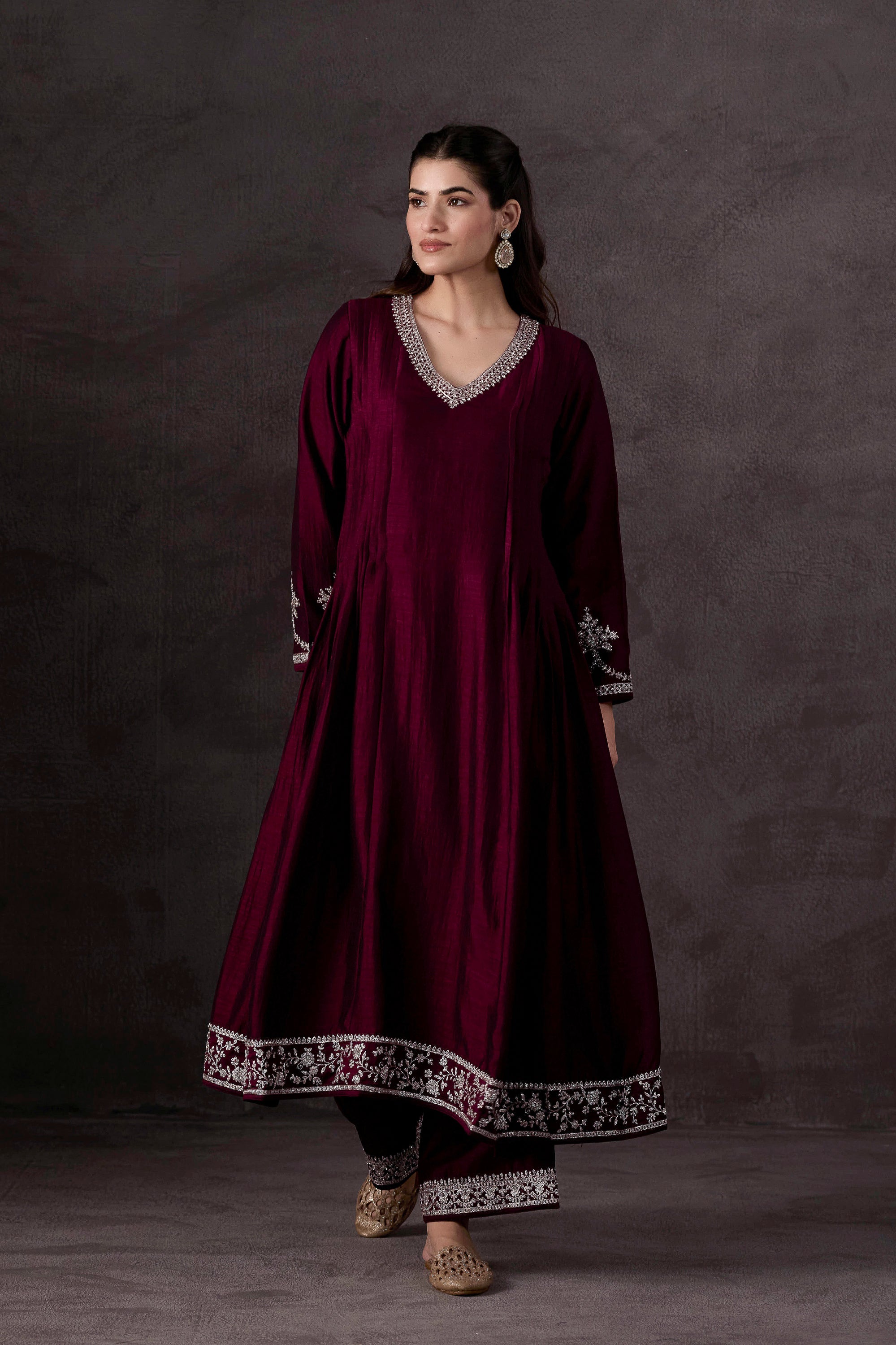 Wine Embellished Raw Silk Pant Set
