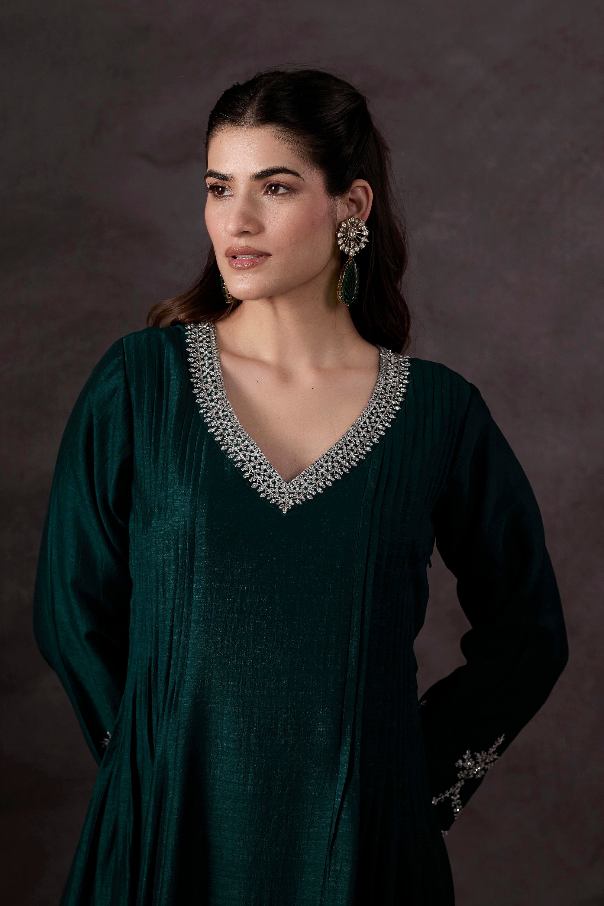 Teal Green Embellished Raw Silk Pant Set