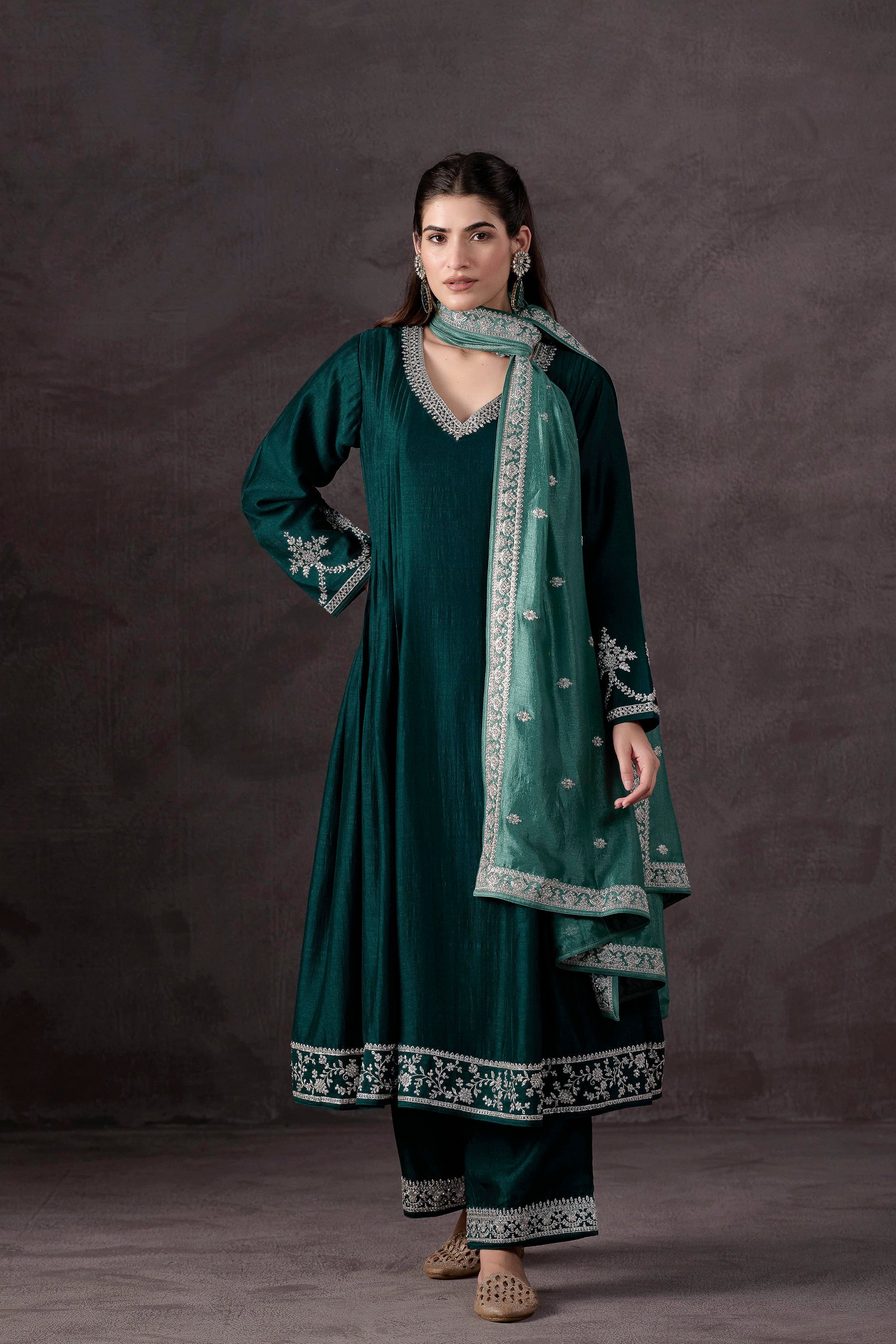 Teal Green Embellished Raw Silk Pant Set