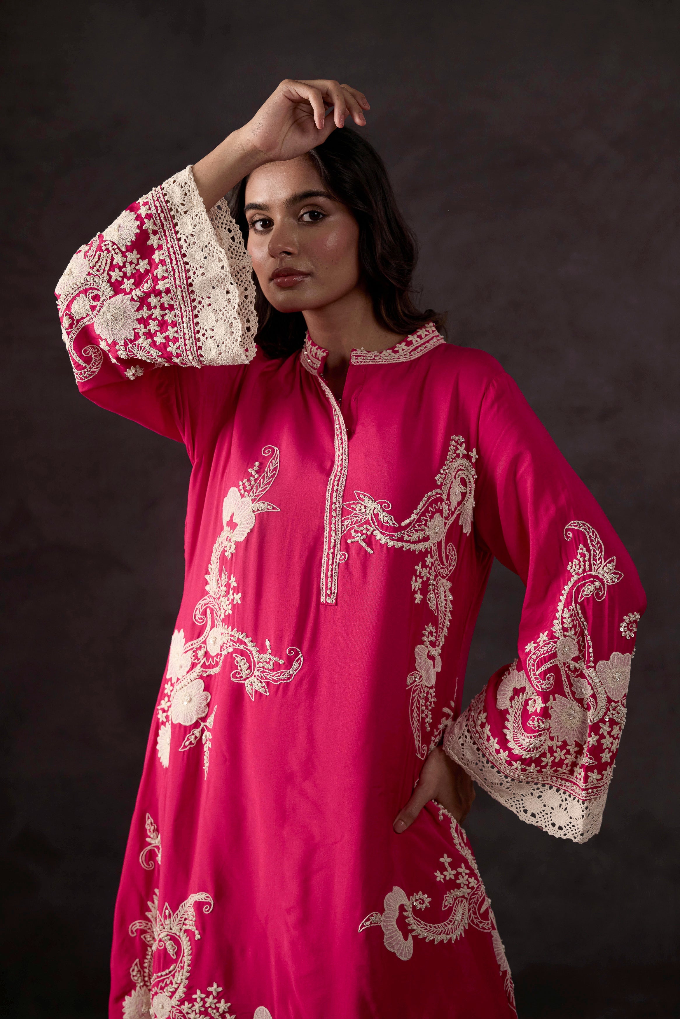 Raspberry Pink Embellished Crepe Silk Co-Ord Set