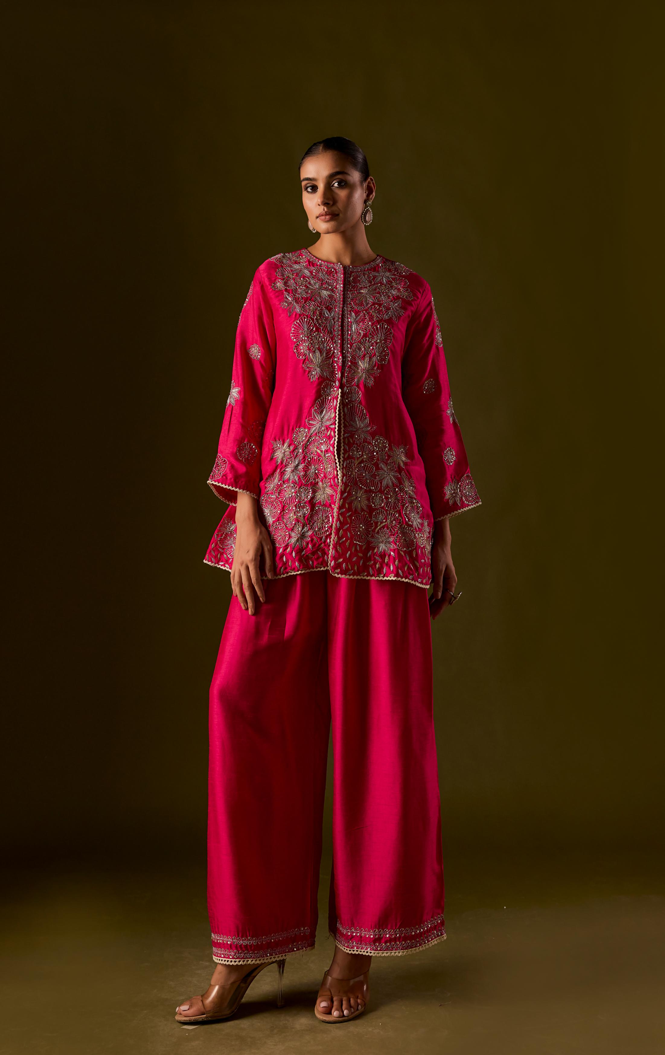 Queen's Pink Raw Silk Embellished Co-Ord Set