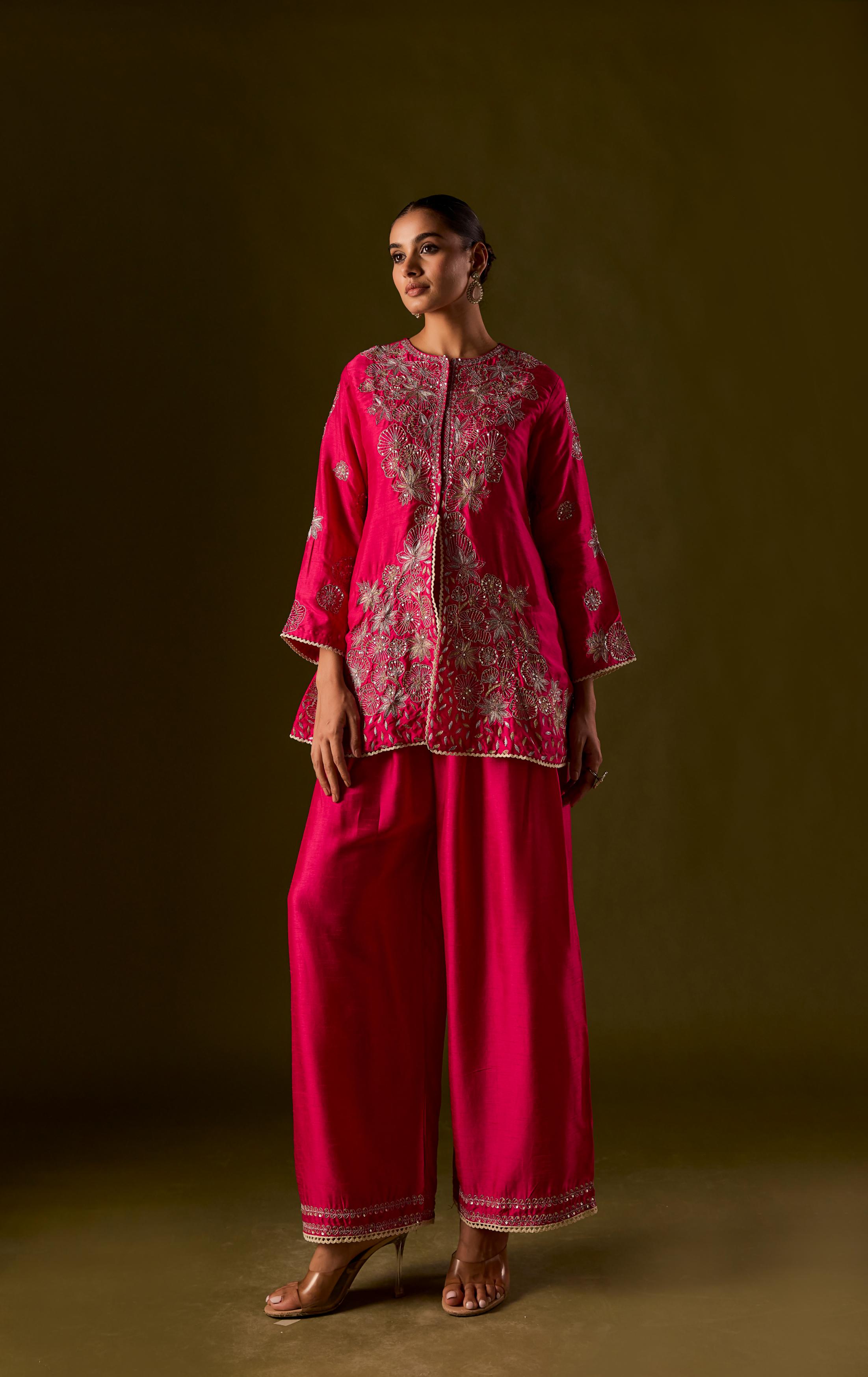 Queen's Pink Raw Silk Embellished Co-Ord Set