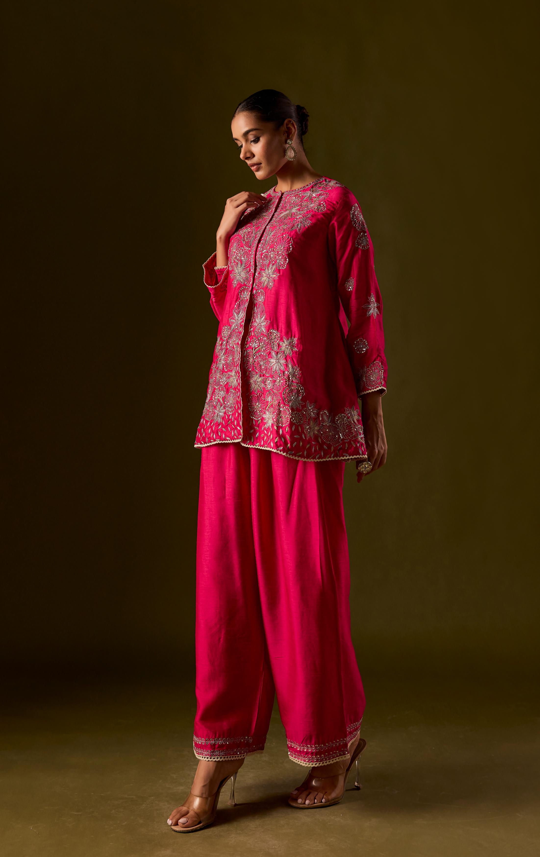 Queen's Pink Raw Silk Embellished Co-Ord Set