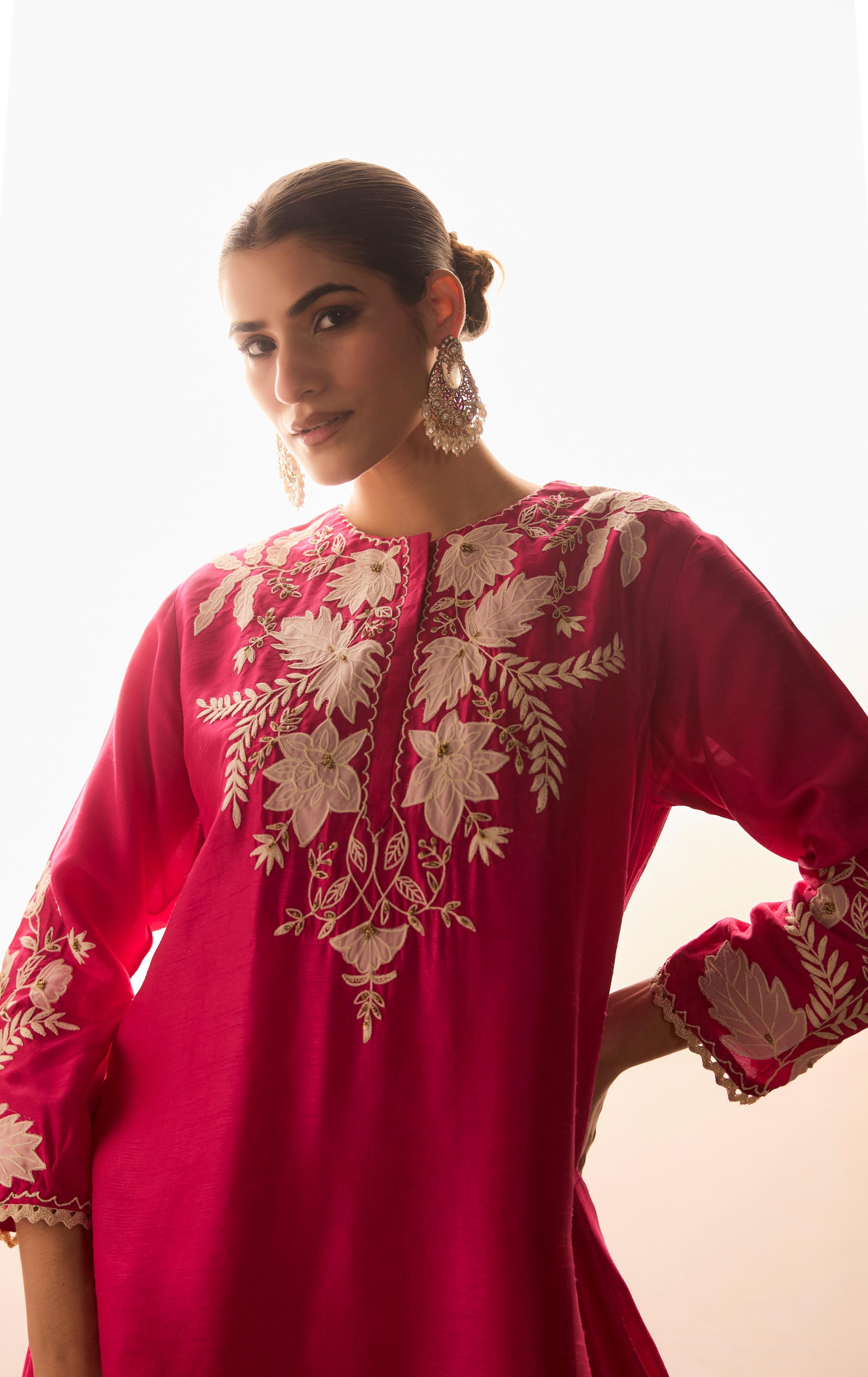 Rani pink Embroidered Raw Silk Co-Ord Set