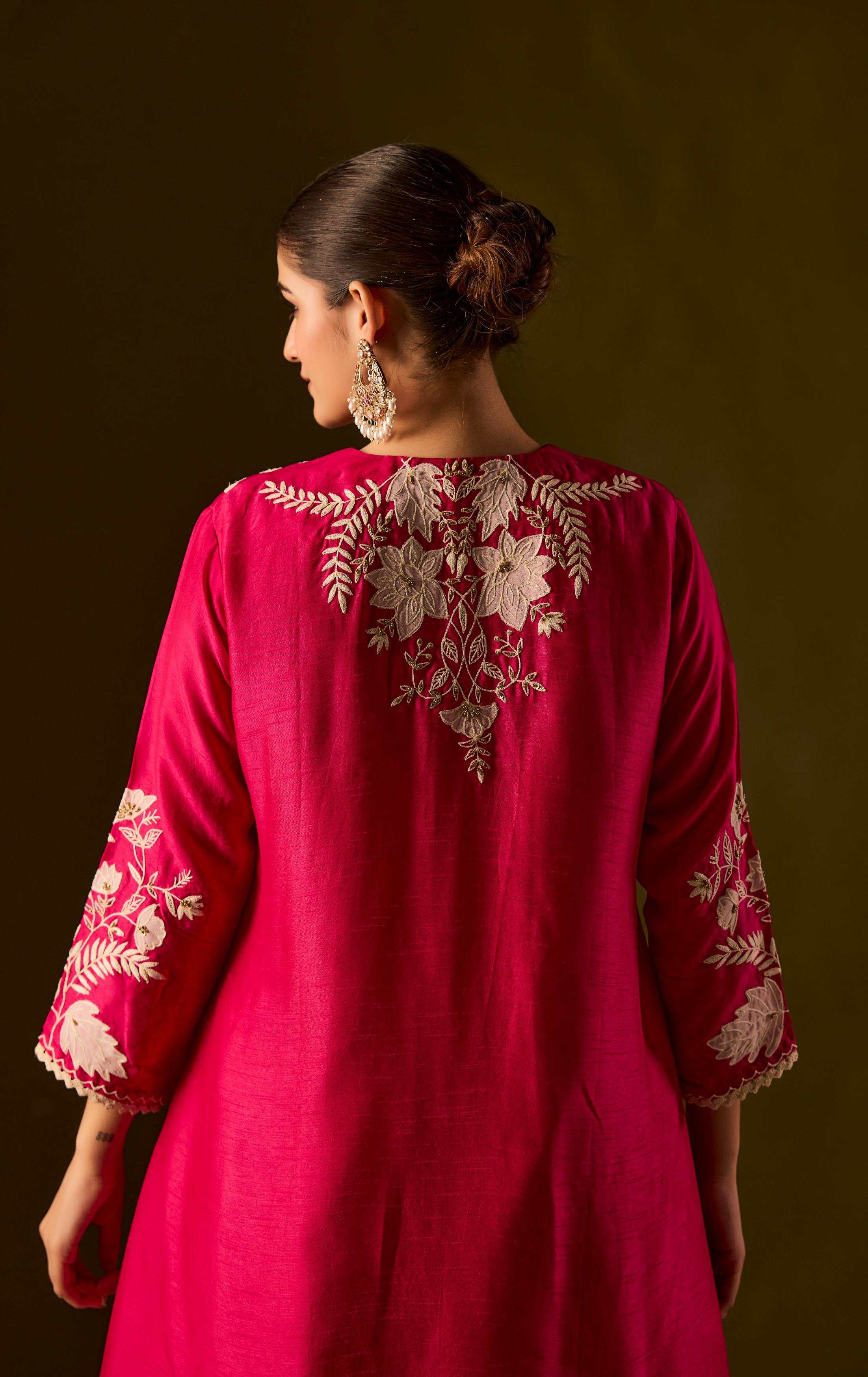 Rani pink Embroidered Raw Silk Co-Ord Set