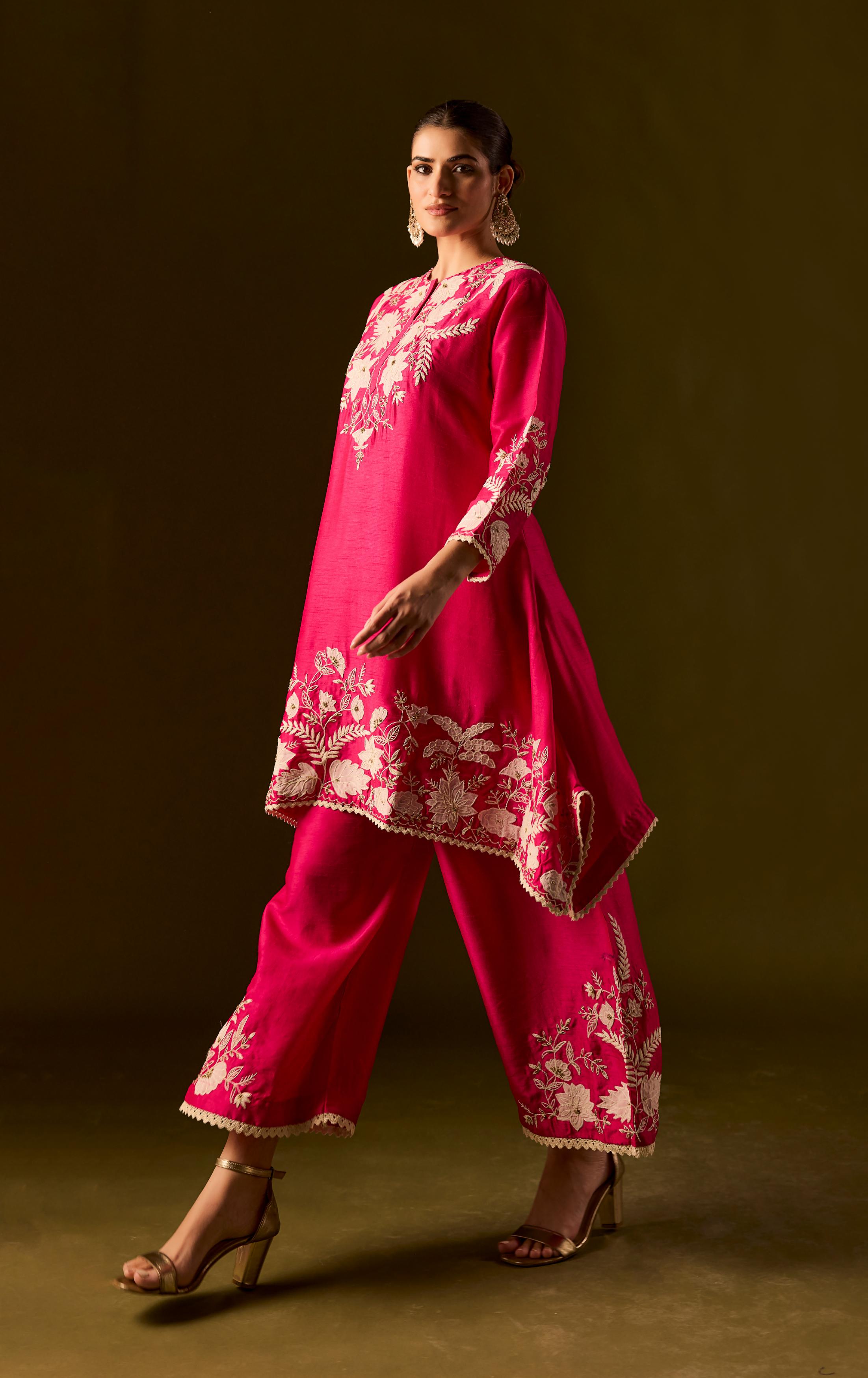 Rani pink Embroidered Raw Silk Co-Ord Set