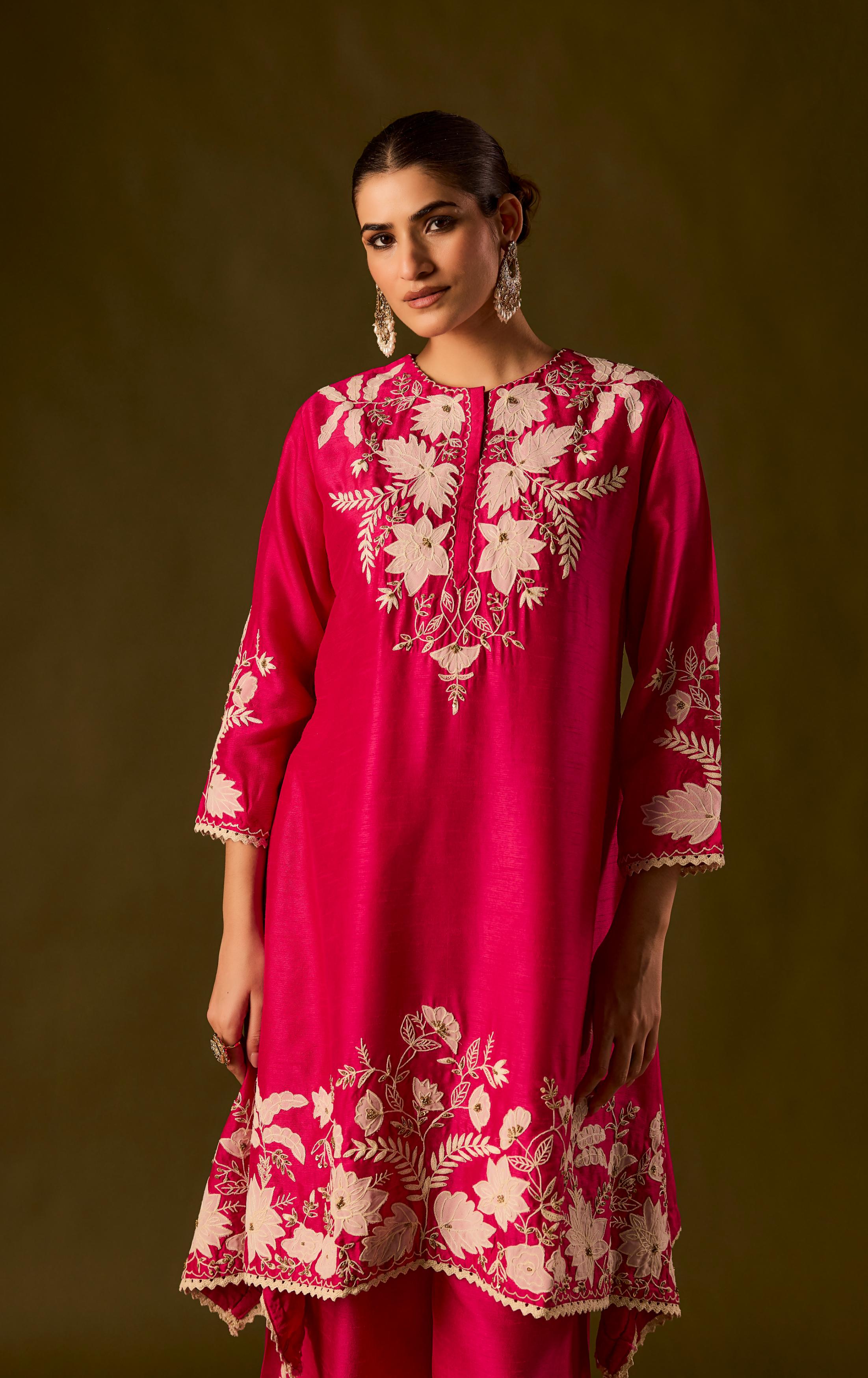 Rani pink Embroidered Raw Silk Co-Ord Set