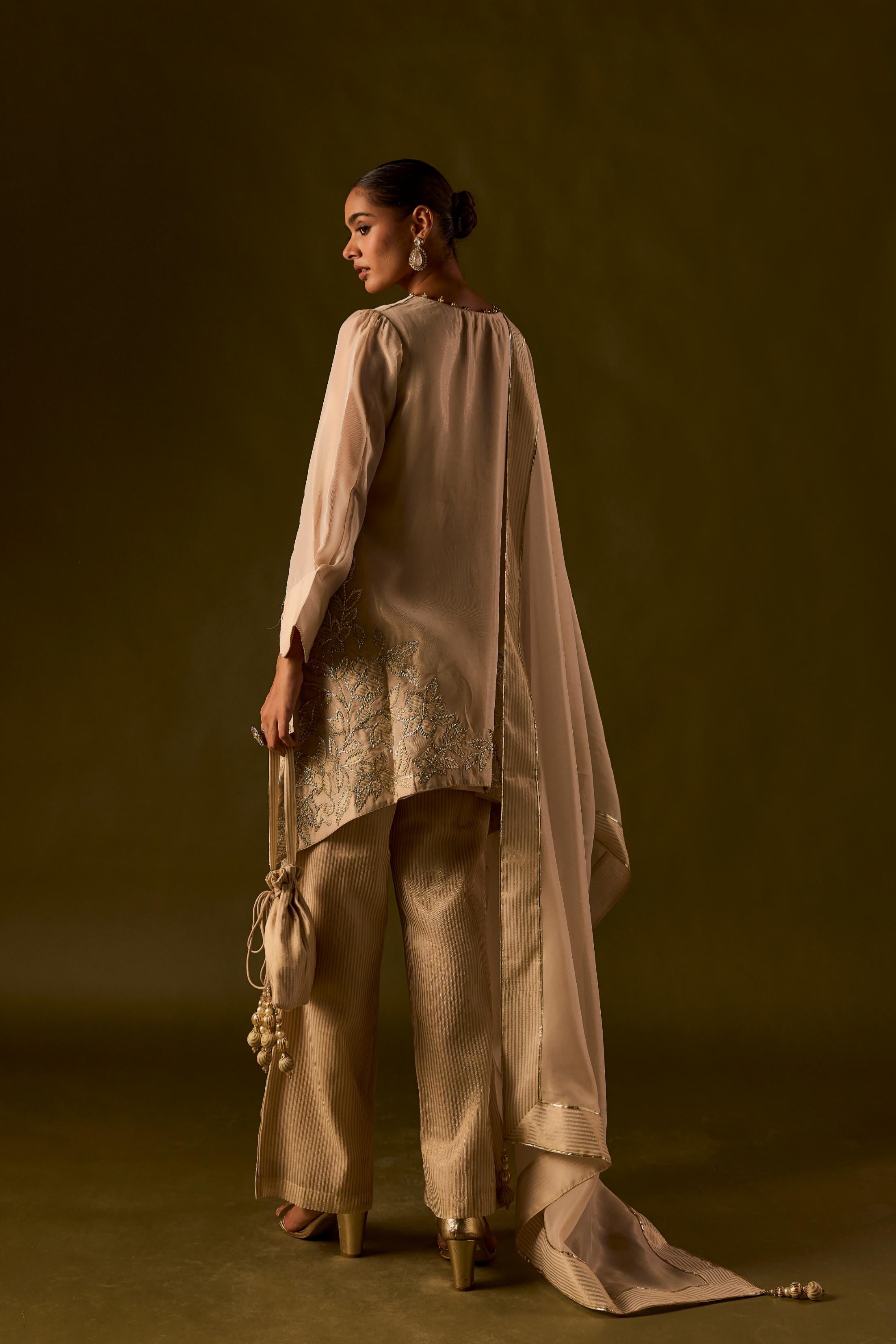 Beige Embellished Organza Silk Pant Set
