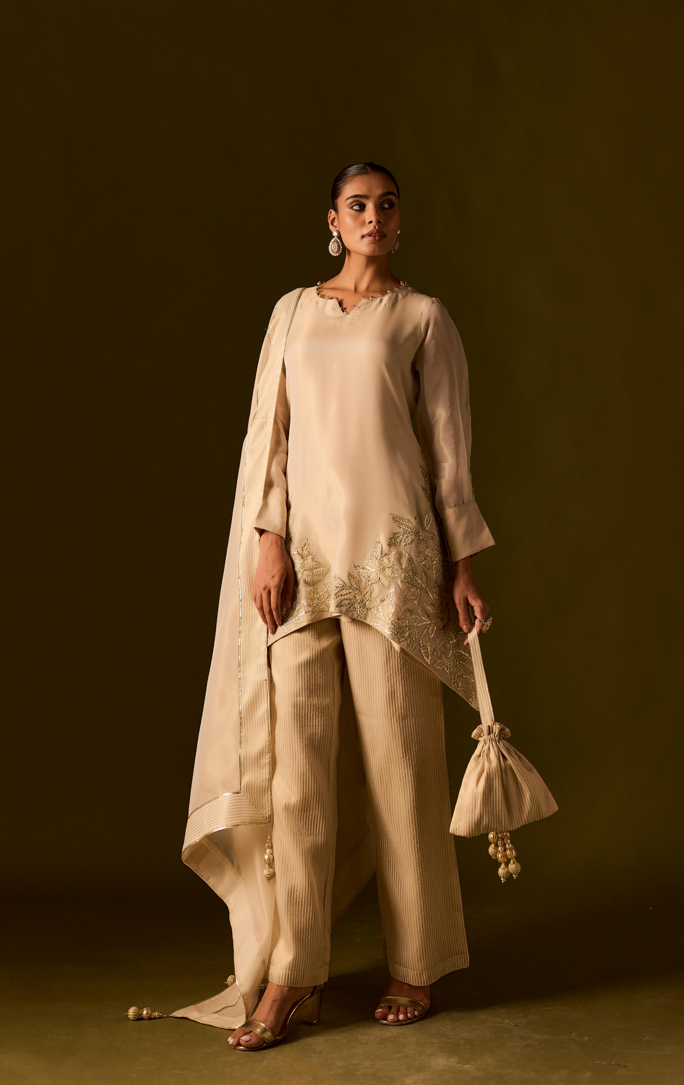 Beige Embellished Organza Silk Pant Set