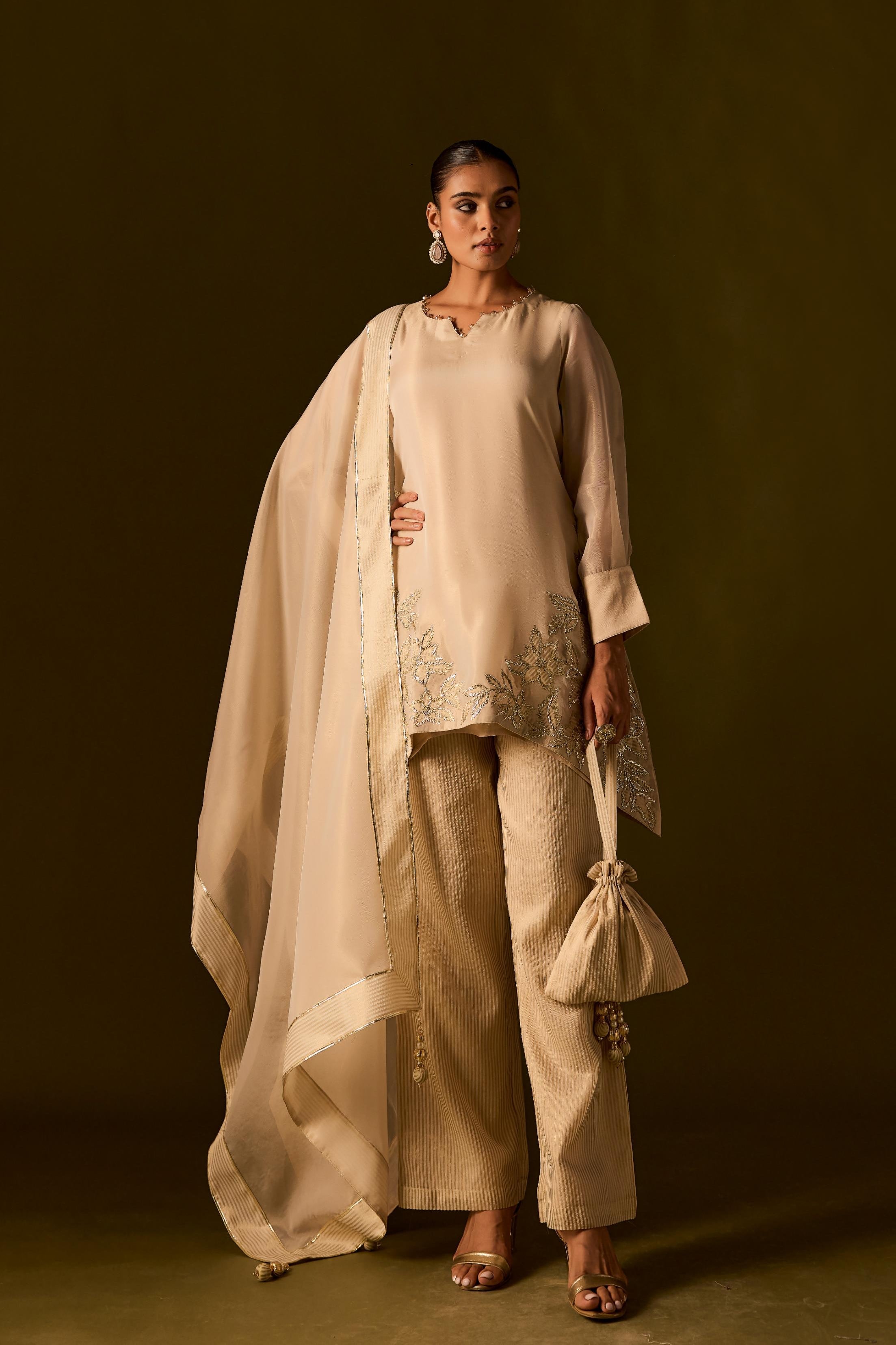 Beige Embellished Organza Silk Pant Set