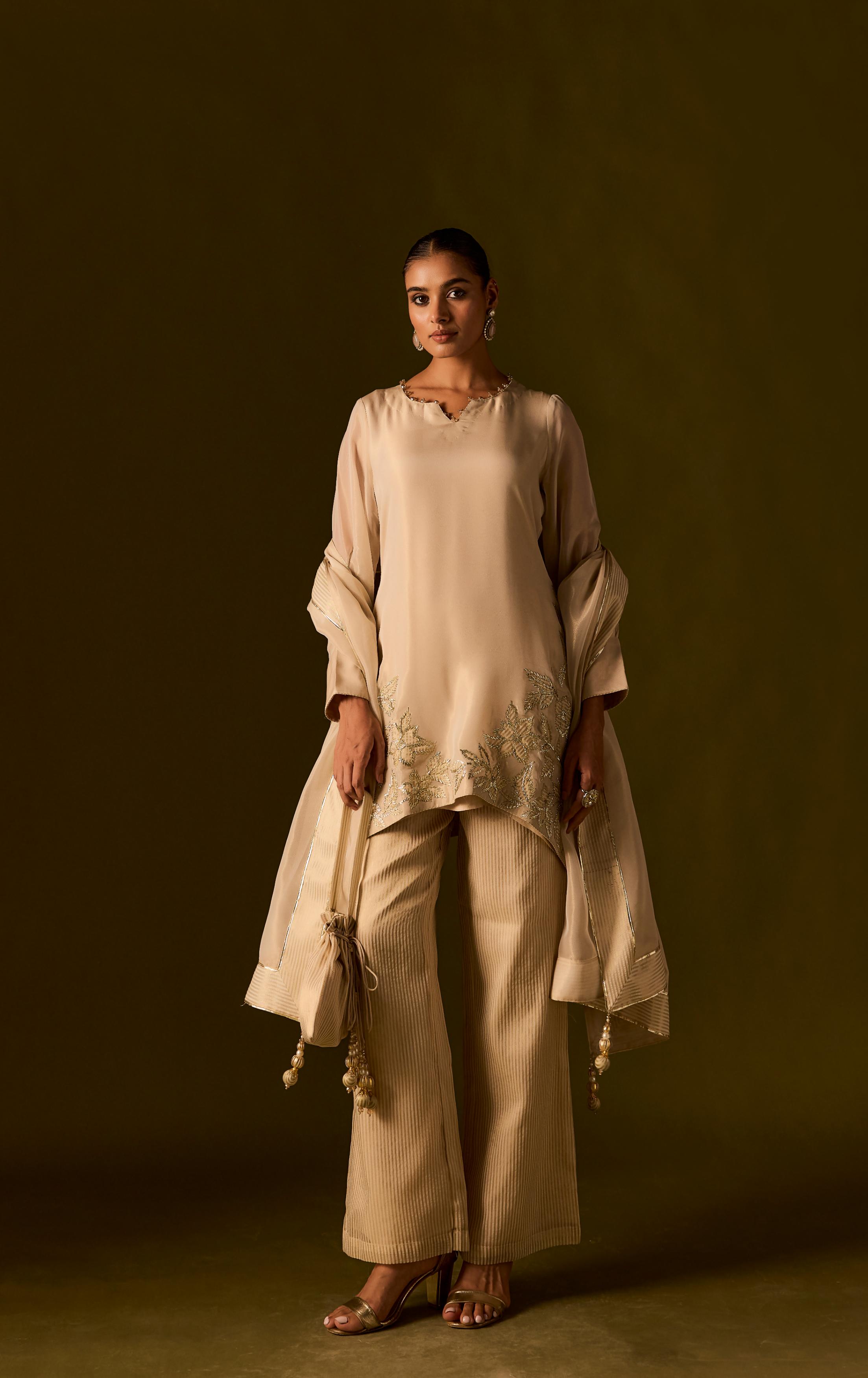 Beige Embellished Organza Silk Pant Set