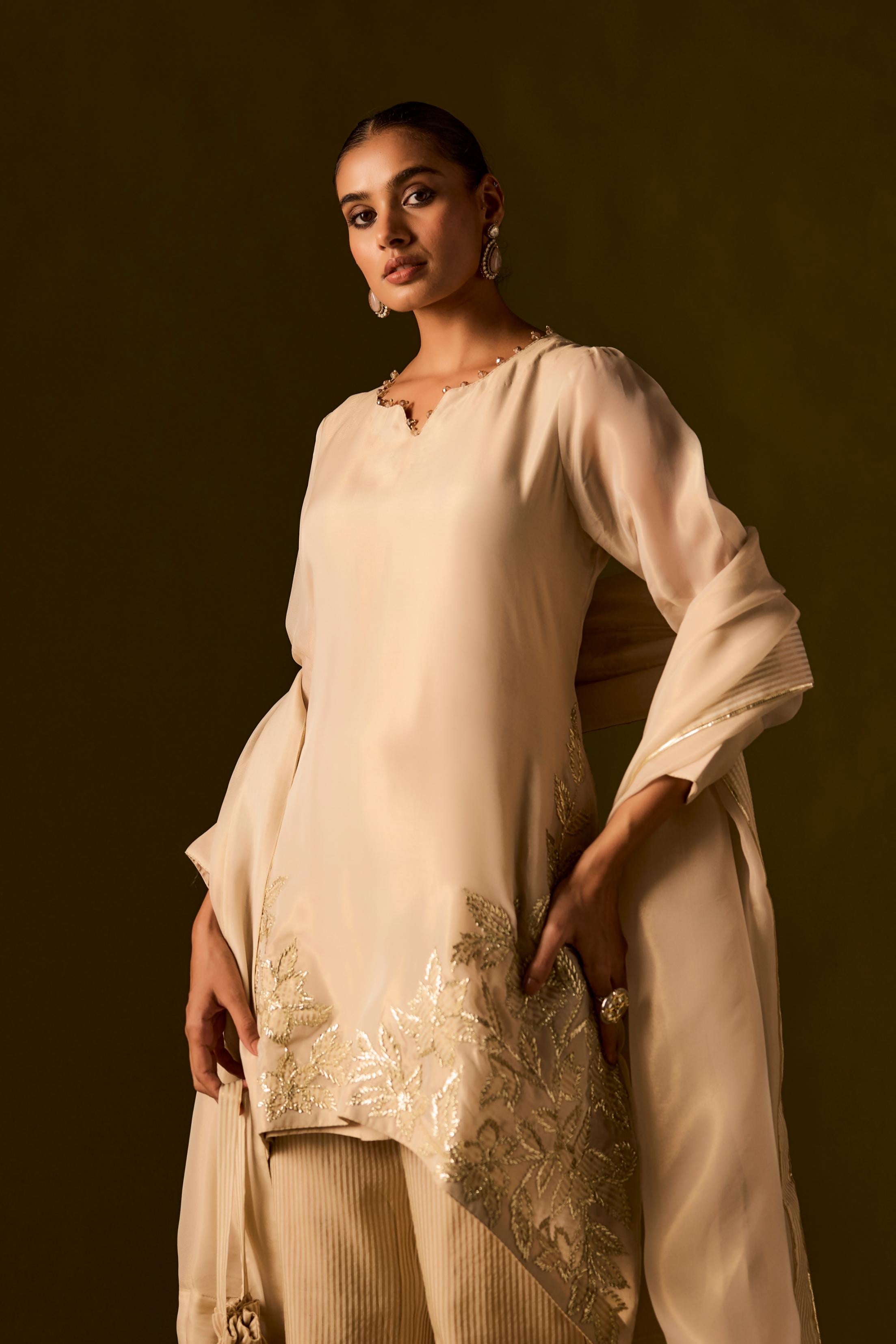 Beige Embellished Organza Silk Pant Set