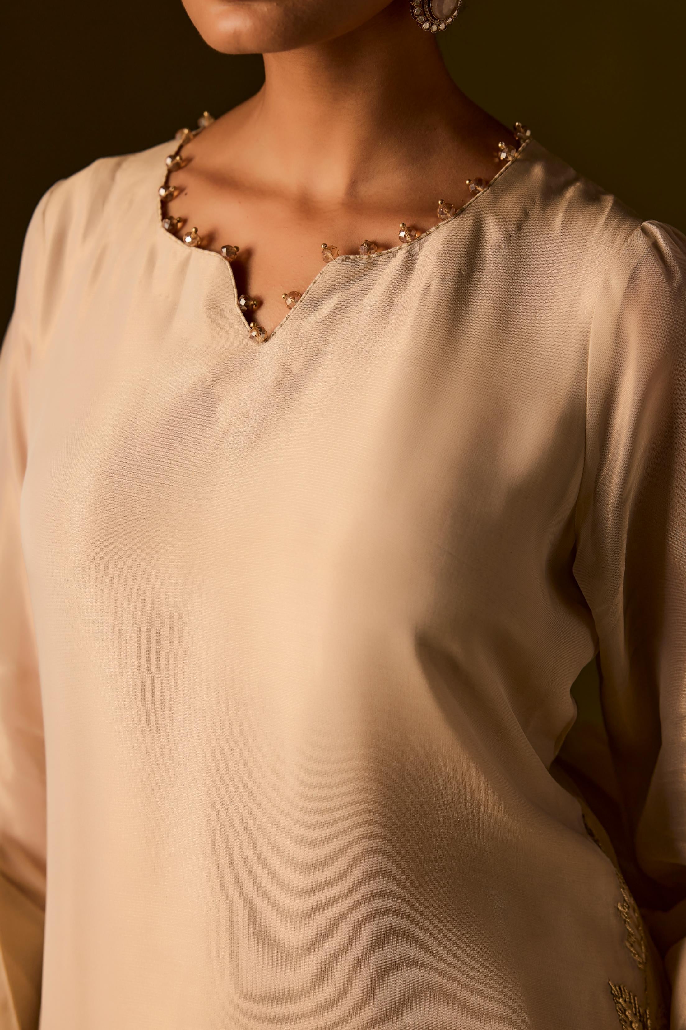 Beige Embellished Organza Silk Pant Set