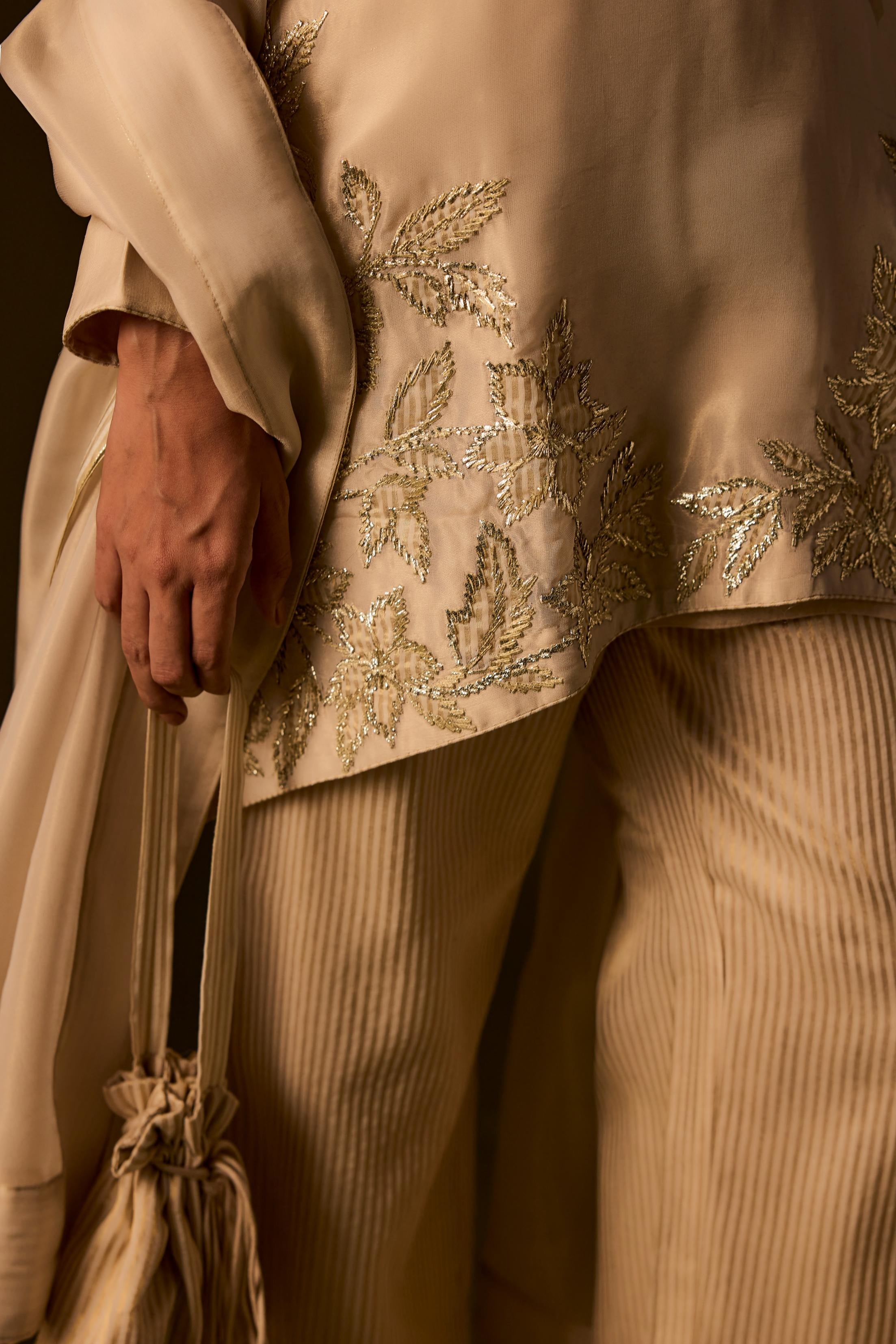 Beige Embellished Organza Silk Pant Set