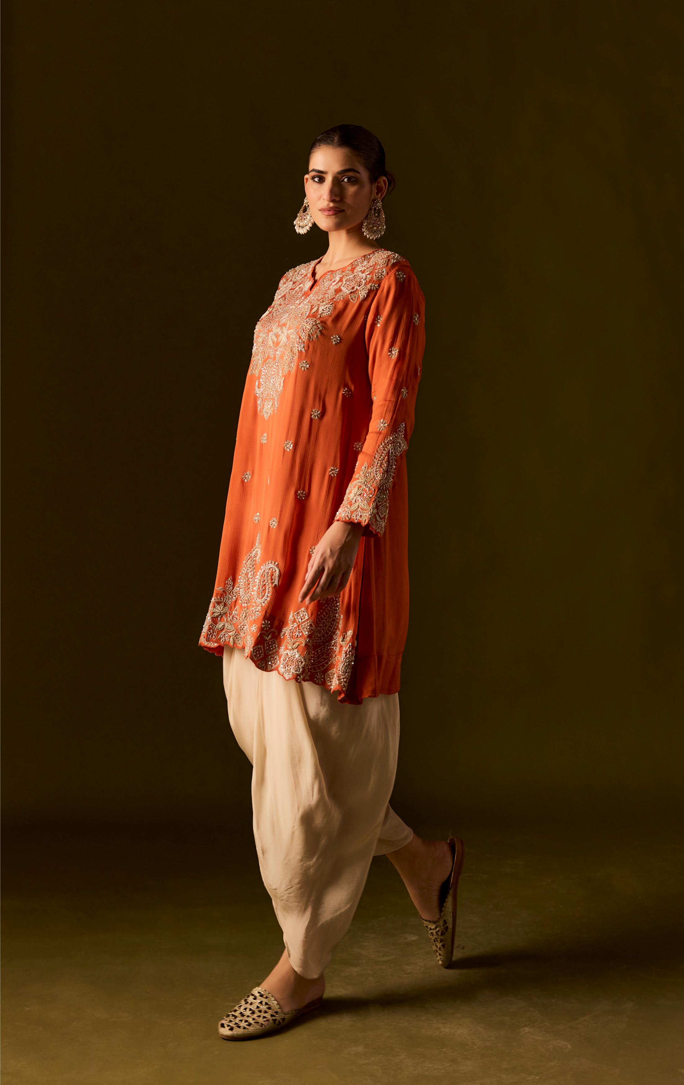 Rust Embellished Chinon Silk Dhoti Set
