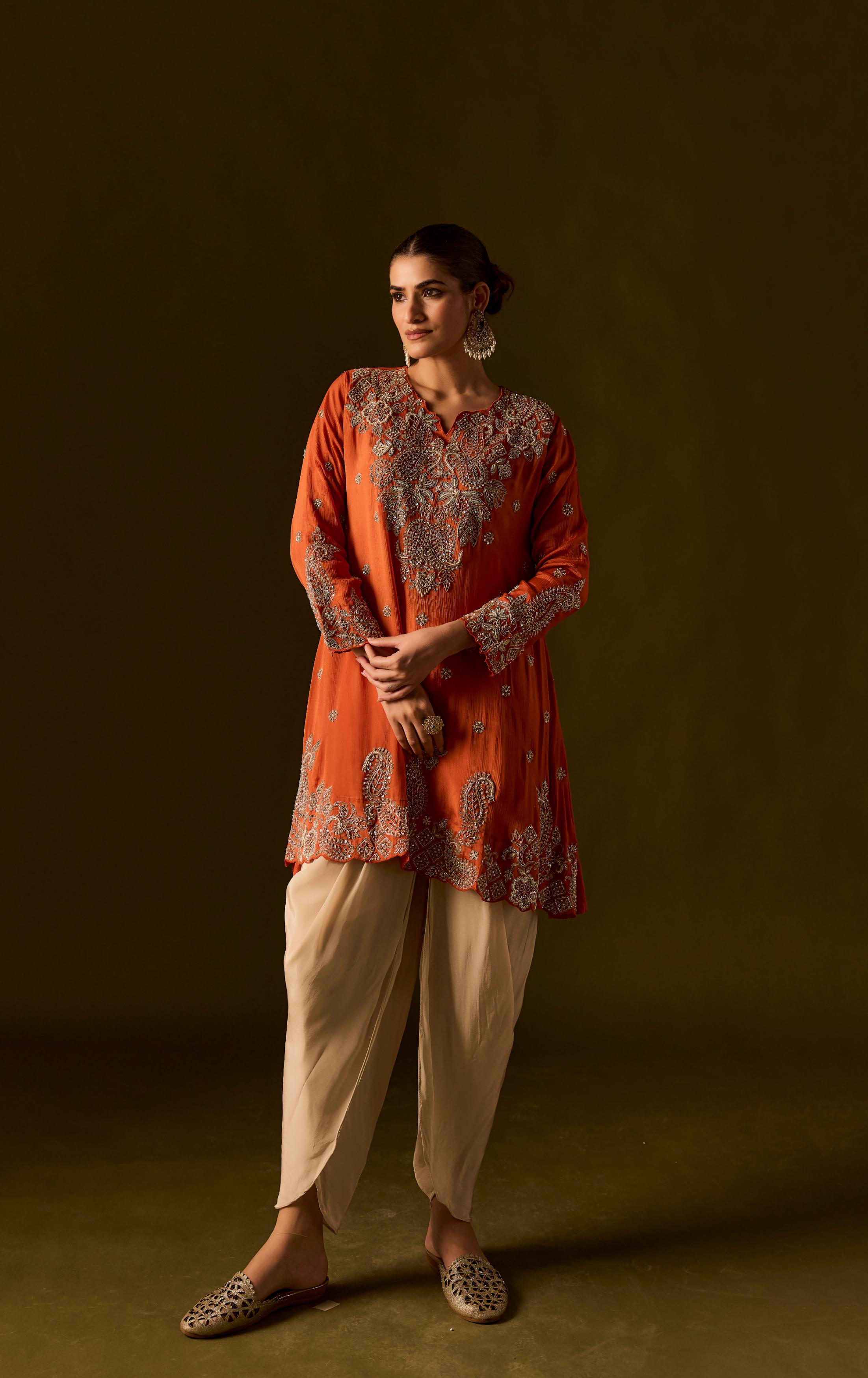 Rust Embellished Chinon Silk Dhoti Set