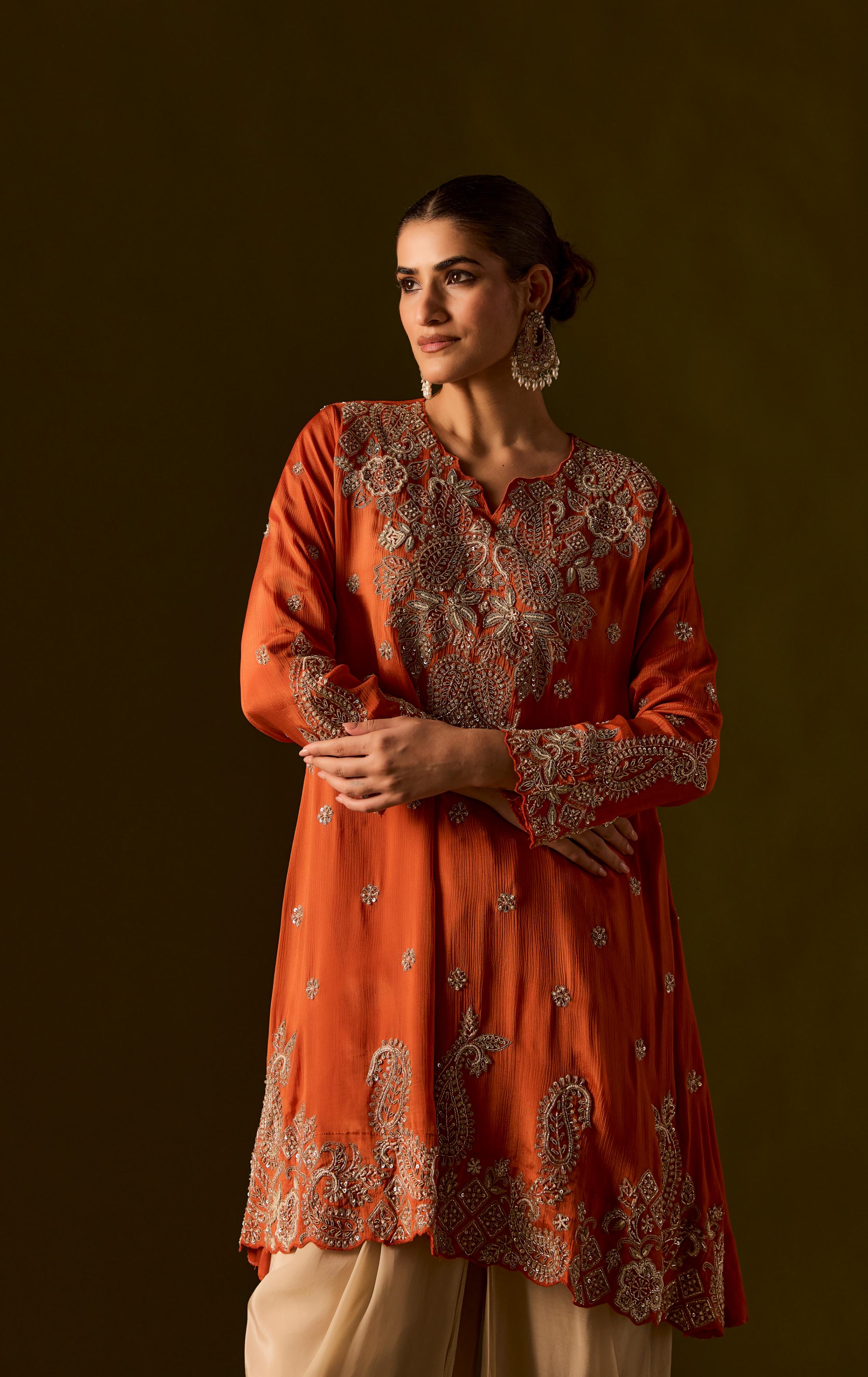 Rust Embellished Chinon Silk Dhoti Set