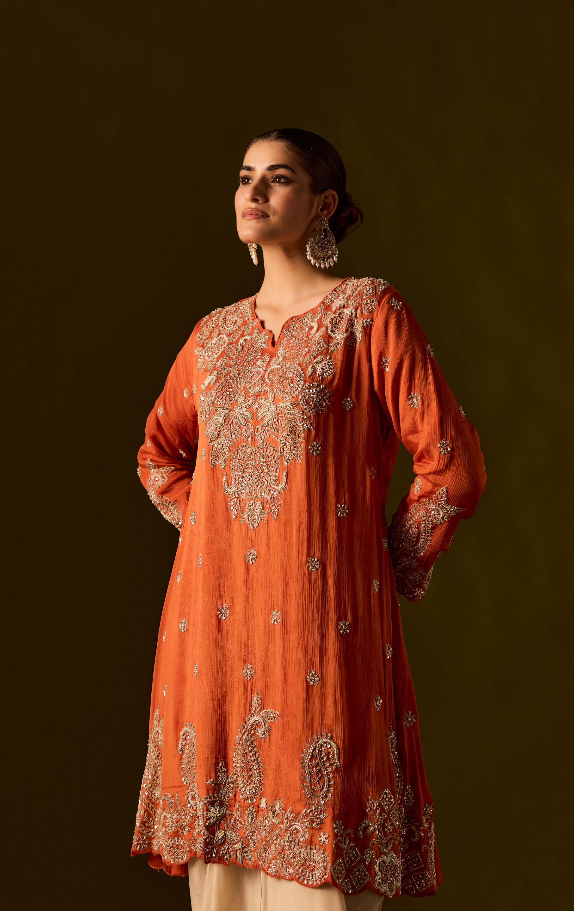 Rust Embellished Chinon Silk Dhoti Set