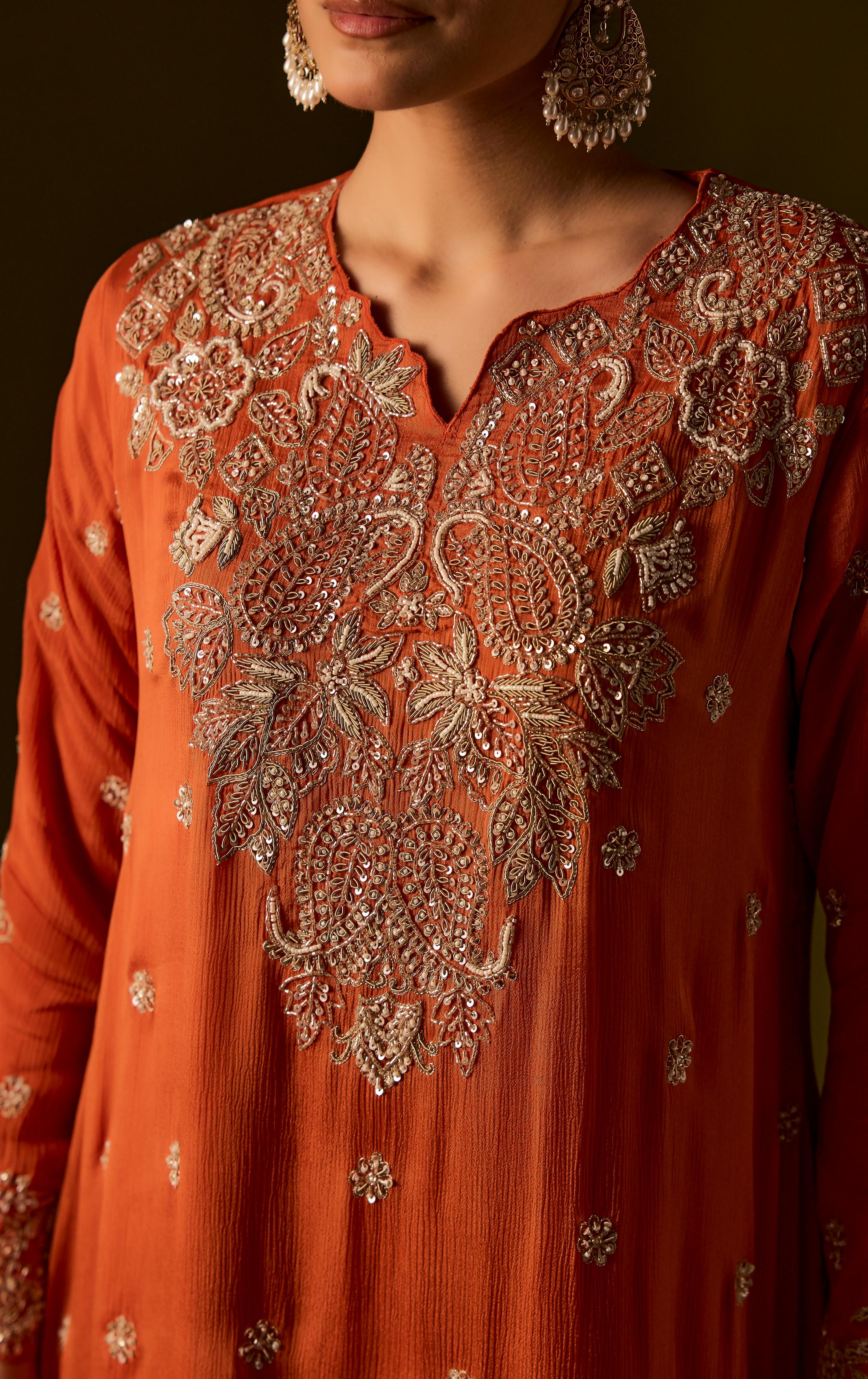 Rust Embellished Chinon Silk Dhoti Set