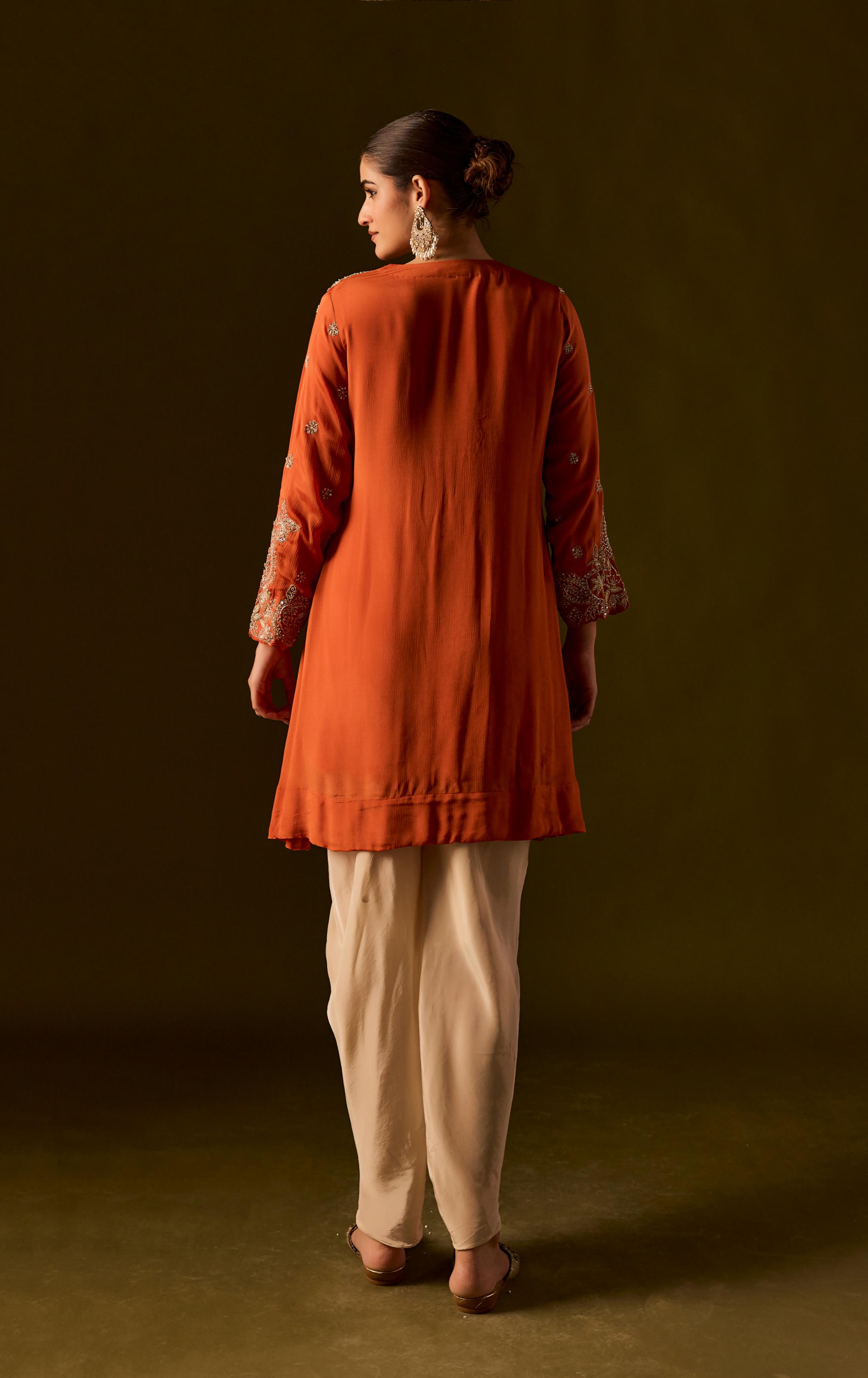 Rust Embellished Chinon Silk Dhoti Set