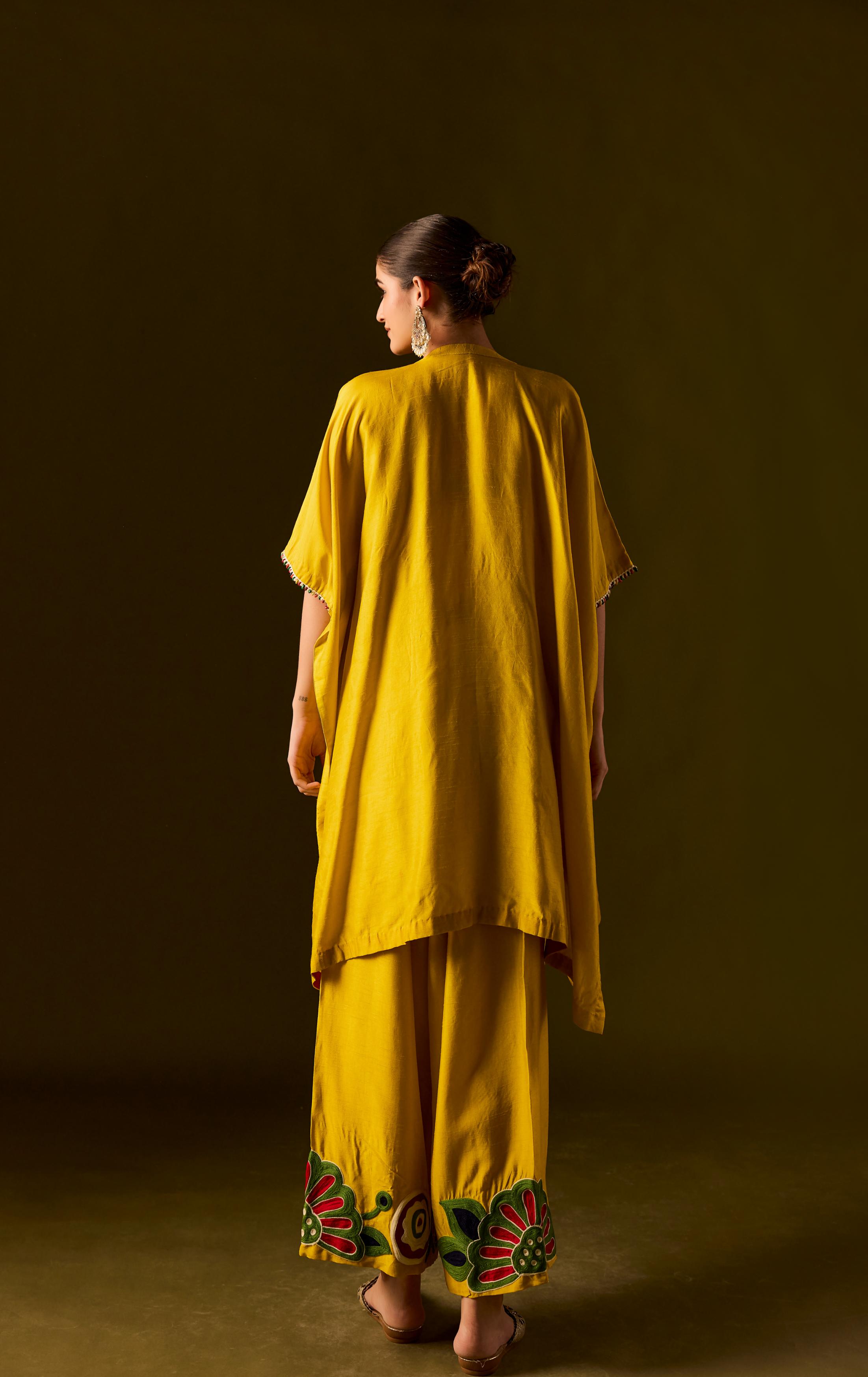 Lemon Yellow Embellished Premium Silk Kaftan Set