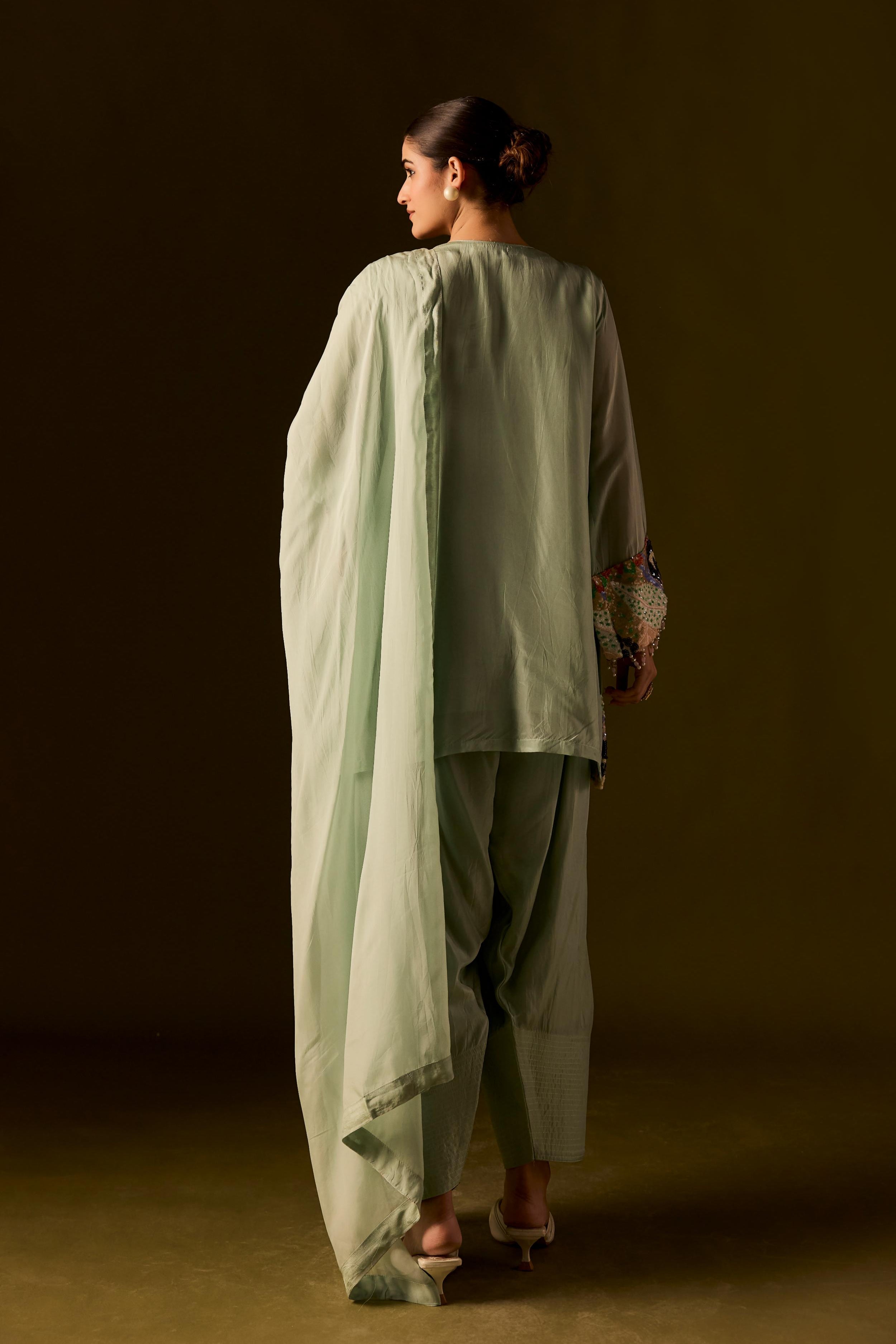 Pastel Green Embellished Muslin Silk Dhoti Set