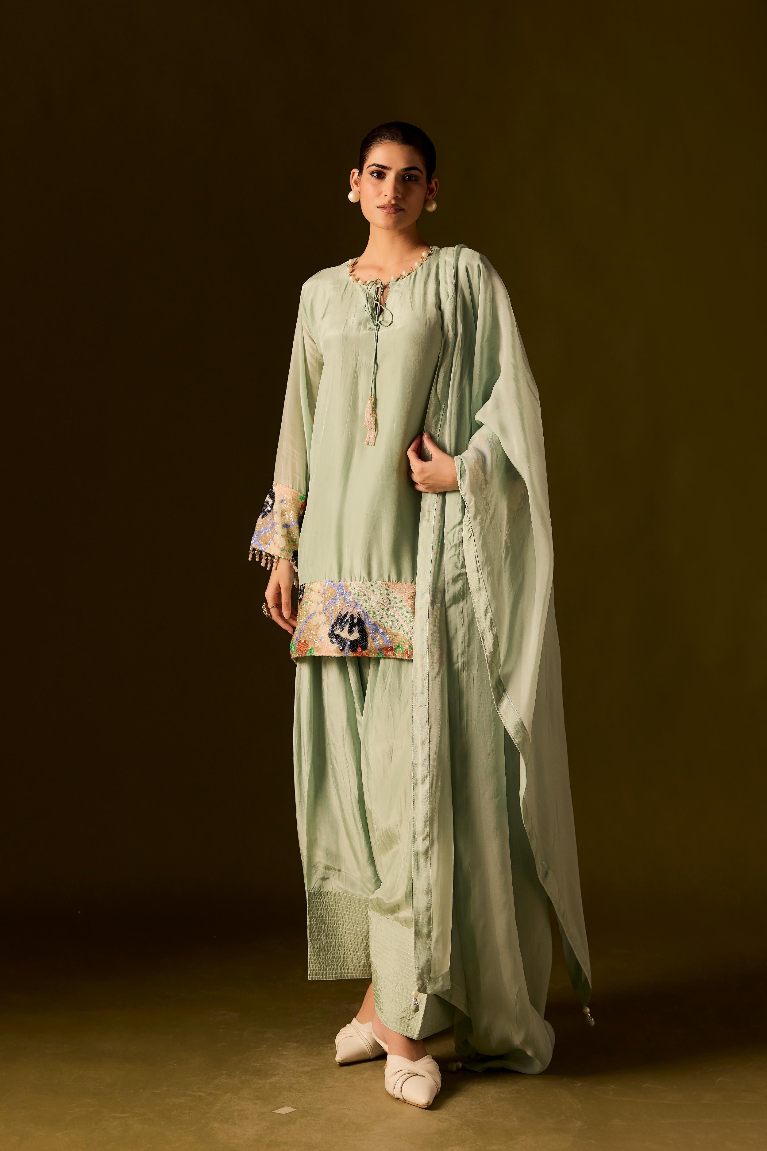 Pastel Green Embellished Muslin Silk Dhoti Set