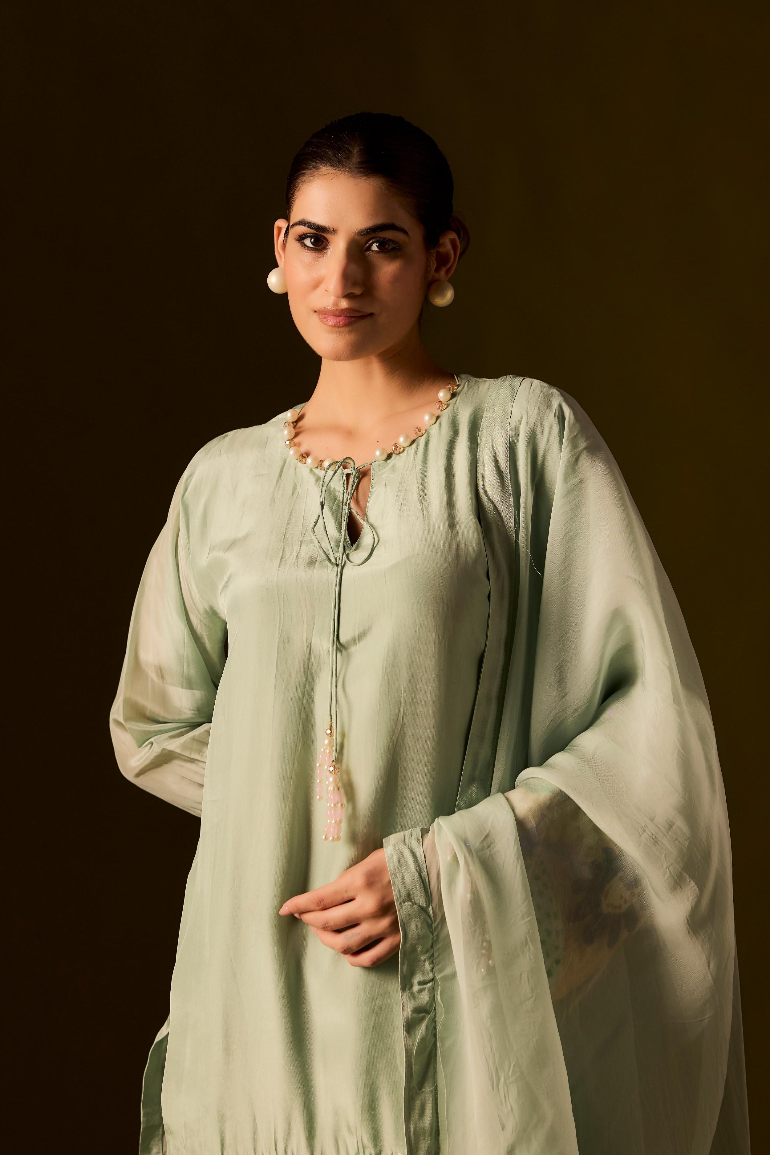 Pastel Green Embellished Muslin Silk Dhoti Set