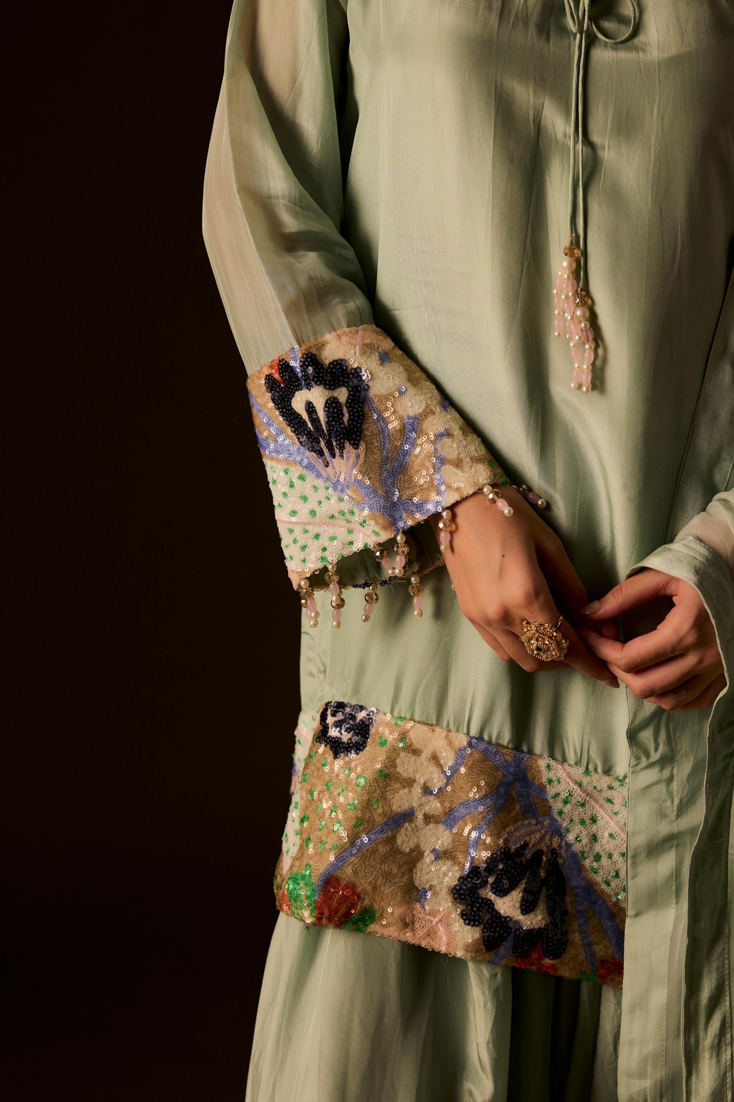 Pastel Green Embellished Muslin Silk Dhoti Set