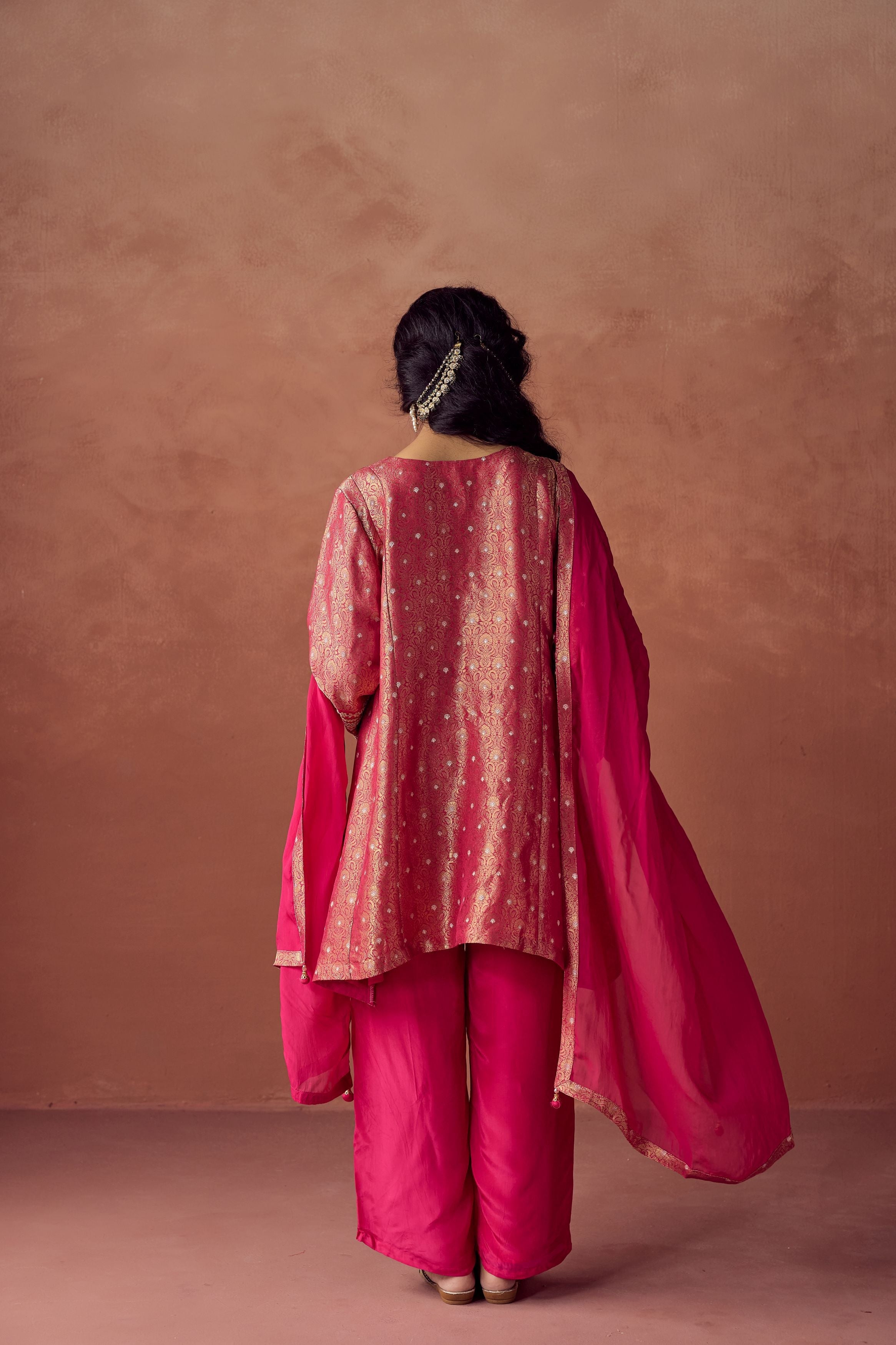 Rani Pink Embellished Brocade Organza Silk Pant Set