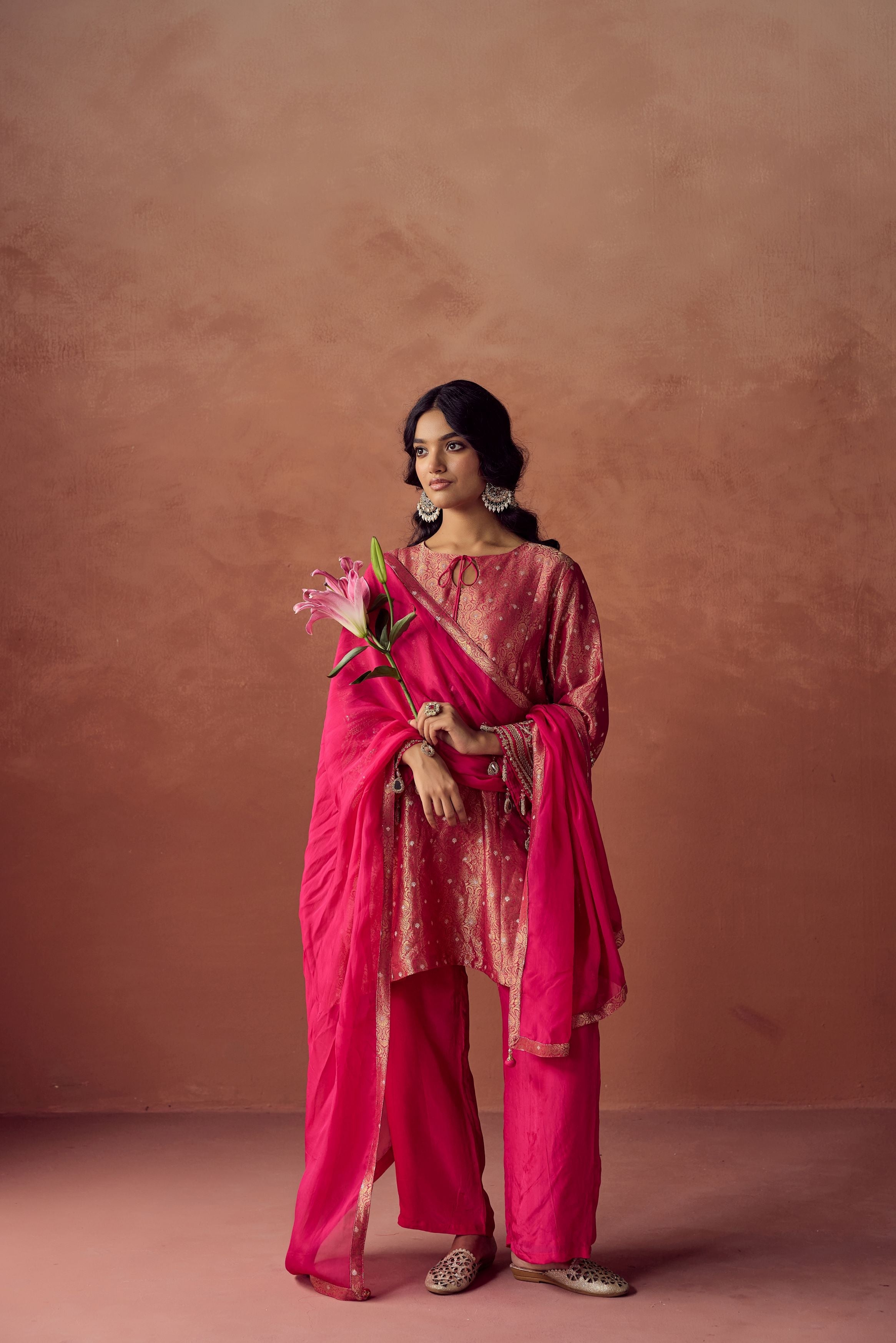 Rani Pink Embellished Brocade Organza Silk Pant Set